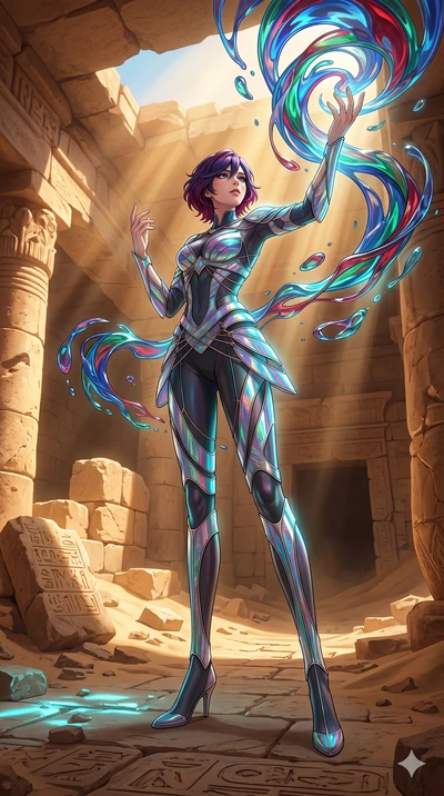 score_9, masterpiece, best quality, ultra-detailed, high-budget anime keyframe, Japanese woman. low angle full-body shot filling the entire 9:16 frame with her statuesque presence, stretching the vertical silhouette. interacting with liquid stained-g