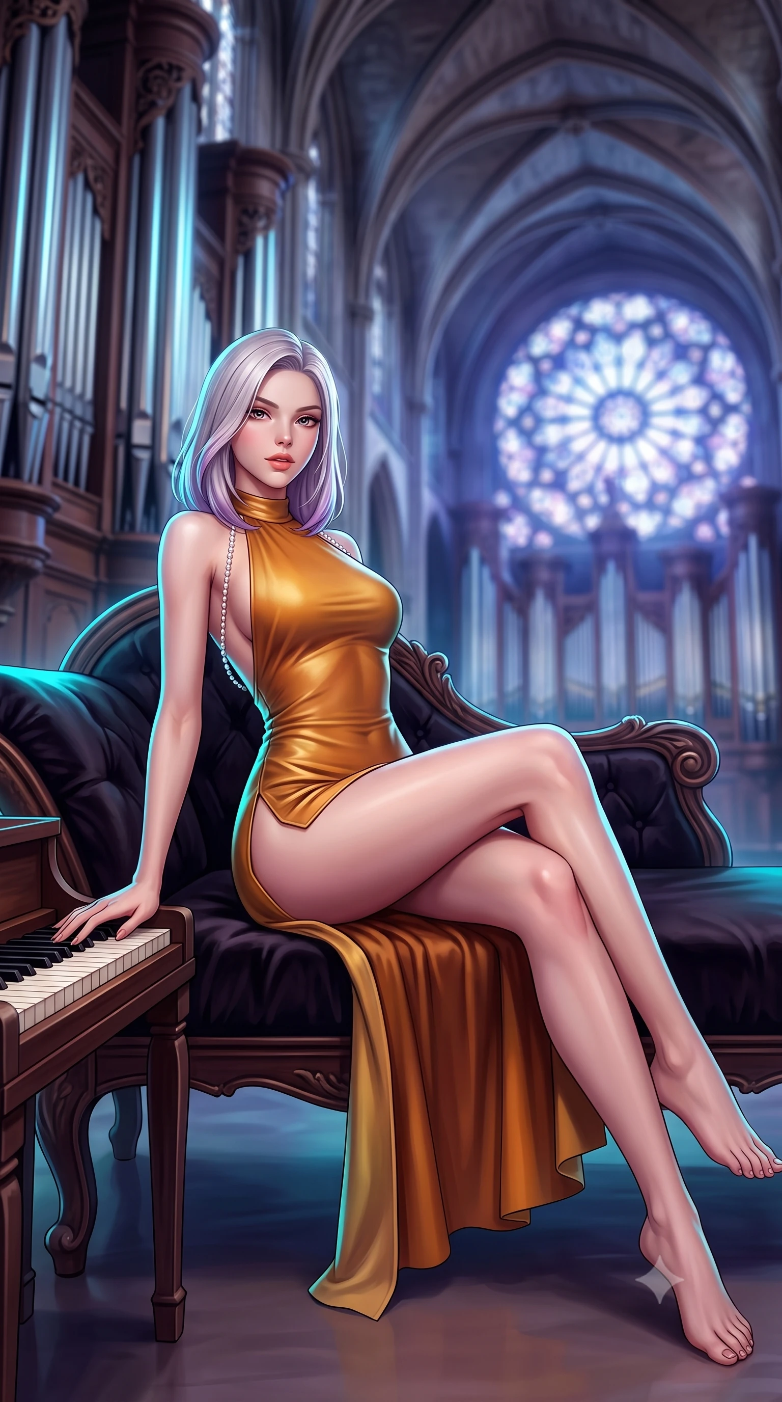 score_9, masterpiece, best quality, ultra-detailed, high-budget anime keyframe, semi-realistic 3D game render, editorial fashion photography, tasteful artistic composition, Caucasian woman. low angle full-body shot from head to toe showing her feet, filling the entire 9:16 vertical frame with her statuesque presence, stretching her vertical silhouette. lounging on the lavish daybed with legs crossed and hips angled toward the camera, displaying her toned midriff and long slender limbs with effortless siren poise while perched sideways on the organ bench with legs extended, resting one hand on the ivory keys with effortless dark-romance cool. The background shows a soft-focus colossal towering organ pipes, soaring ribbed vault ceilings, and the glowing circular rose window blurred into cobalt, violet, and silver bokeh. She has an absolutely perfect, statuesque 8.5-heads proportion, an exceptionally tall and slender model-like female figure with impossibly long slender legs, an ultra-slim waist, a flat toned midriff, narrow delicate ribcage, and beautifully sculpted feminine hips creating a graceful, slim hourglass silhouette without any bulky heaviness. sharp v-shaped jawline, high-bridge nose, sparkling eyes with hypnotic seductive depth, thick curled eyelashes, glossy parted lips with a natural dewy peach sheen, alluring bedroom-eyes with an enchanting coquettish smile, exuding magnetic siren charisma and sophisticated glamour, flawlessly proportioned anatomical accuracy, strict slender model proportions, natural body alignment, perfectly sculpted long slender limbs, ultra-slim waistline, clean dynamic posture without body distortion. wearing a slinky backless halterneck column mini dress clinging like a second skin with deep geometric side slits in warm amber honey and antique gold leaf with dark shadow gradients, woven from buttery-soft stretch lambskin leather adhering to her body like a second skin, accented with a pearl-drop body harness subtly framing her dewy collarbones and spine, the liquid-tight tailored fabric clinging flawlessly to her narrow waist and rounded feminine hips, emphasizing every millimeter of her sculpted slim hourglass curves without any bulky heaviness. illuminated by tin pipe specular reflections and sharp electric-cyan rim lights sculpting her jawline, narrow waist, and curvy hips. highly saturated vibrant anime colors, detailed shading with soft gradients, rich glossy textures, high-contrast stereoscopic depth, volumetric dynamic lighting, master piece, 9:16 ratio