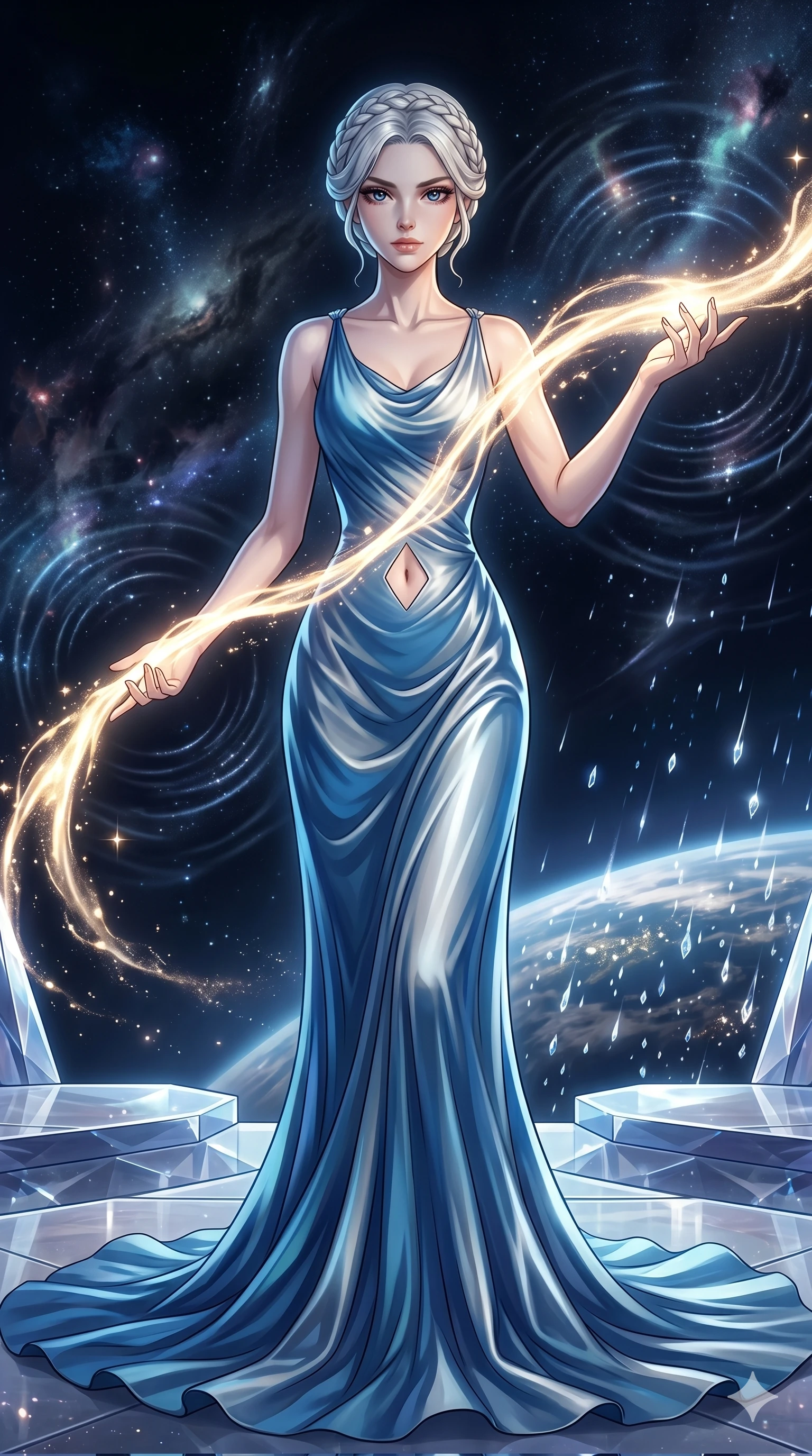 score_9, masterpiece, best quality, ultra-detailed, High-budget Anime Keyframe, vibrant colors, fluid line-art, expressive lighting, cinematic composition, Ufotable-style visual effects, top-tier animation quality, Caucasian woman with pale skin and refined features. Medium shot from the thighs up, her commanding presence occupying two-thirds of the frame. Guiding a stream of molten starlight through a dark, sound-sensitive void. She has an absolutely perfect 8-heads proportion, an exceptionally tall and slender female figure with impossibly long slender legs and an ultra-slim waist, her statuesque height and towering silhouette dominating the vertical 9:16 frame. Her face is a masterpiece featuring a sharp v-shaped jawline, high-bridge nose, intricate jewel-like eyes with depth, thick eyelashes, and glossy lips with a natural sheen. She is wearing a Flowing silk gown that ripples like liquid, featuring a small diamond-shaped cutout at the navel. The scene is set in a celestial terrace overlooking a planet where it rains liquid diamonds. 2k, ultra detail, master piece, 9:16 ratio