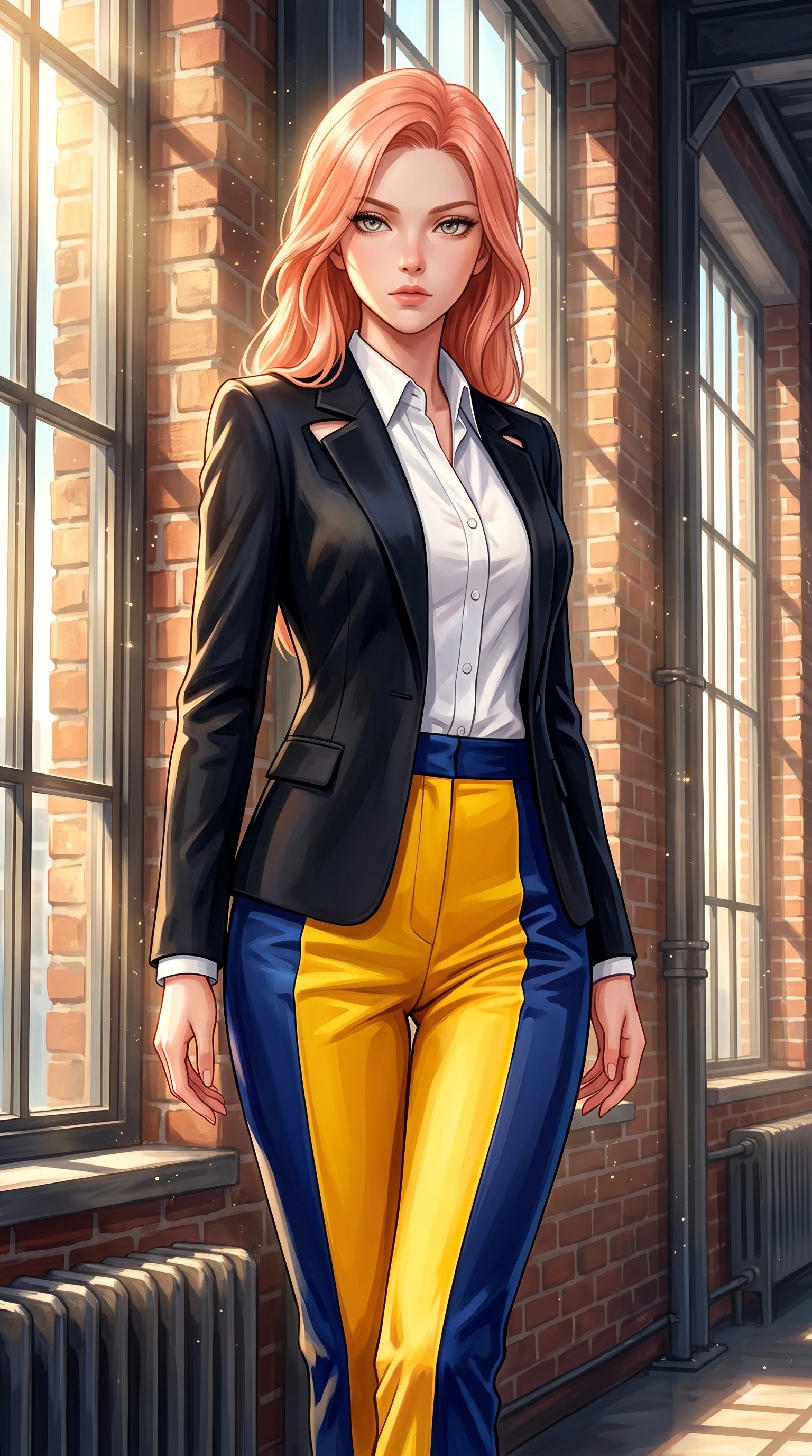 score_9, masterpiece, best quality, ultra-detailed, high-budget anime keyframe, editorial fashion photography, tasteful artistic composition, Japanese woman. close-up cowboy shot from the waist and thighs up, the character dominates the composition, filling the frame with her large presence. Statuesque haughty posture with a cool, sharp glance and composed high-fashion elegance while pivoting near a high factory window as volumetric dust motes sparkle in golden sunbeams. The surrounding environment is rendered in vivid detail and crisp panoramic clarity. vibrant oil painting textures and sunlit loft architecture rendered in vivid environmental detail. She has an exceptionally elegant, slender, and willowy female figure with an ultra-slim waist, a gracefully sculpted slender torso, and a refined silhouette. sharp v-shaped jawline, high-bridge nose, intricate jewel-like eyes with depth, thick eyelashes, glossy lips with a natural sheen, flawlessly proportioned anatomical accuracy, natural body alignment, perfectly sculpted elegant limbs, clean dynamic posture without body distortion. wearing a sleek jet black tailored blazer over a crisp white button-down and trousers in sunflower yellow and royal navy blue, crafted from smooth liquid silk satin, complemented by clean architectural seams and subtle cutouts, the tailored fit highlighting her statuesque and model-like silhouette. bathed in warm volumetric sunbeams filtering through tall industrial windows. highly saturated vibrant anime colors, detailed shading with soft gradients, rich glossy textures, high-contrast stereoscopic depth, volumetric dynamic lighting, master piece, 9:16 ratio