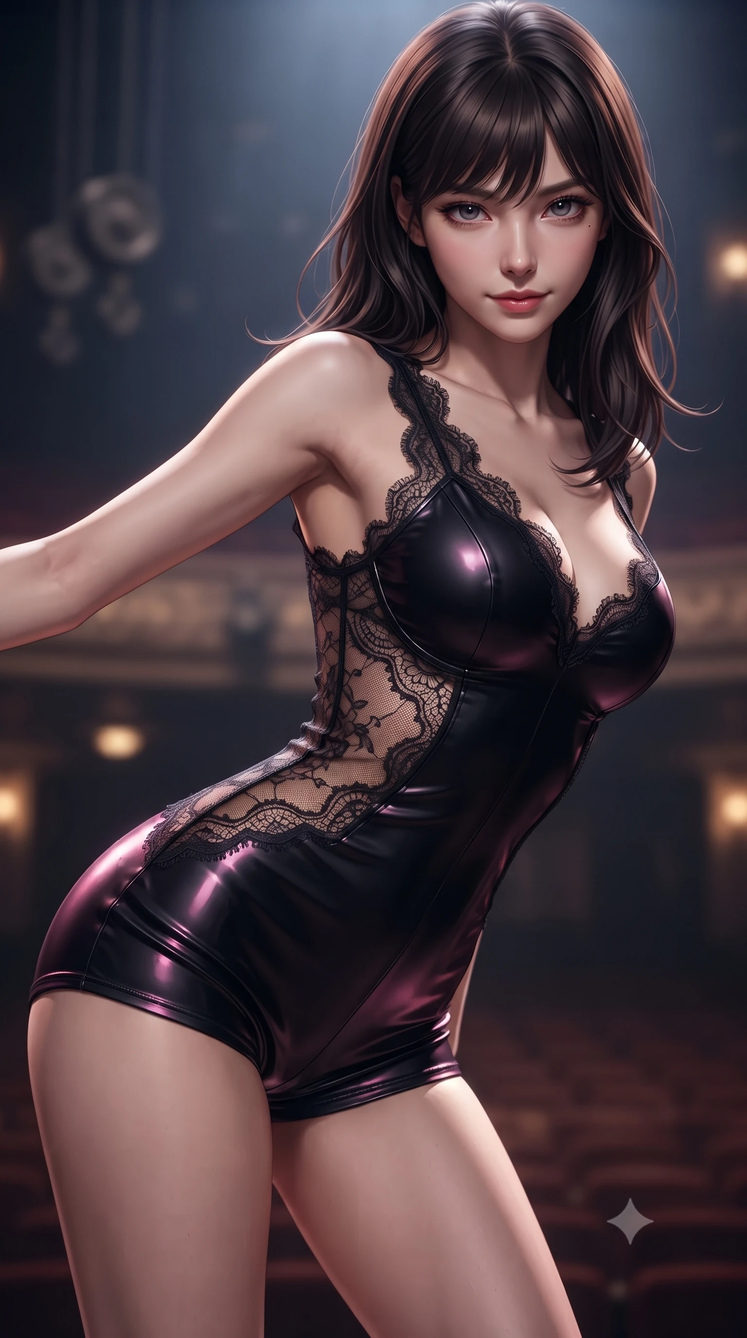 score_9, masterpiece, best quality, ultra-detailed, high-budget anime keyframe, editorial fashion photography, tasteful artistic composition, Korean woman. close-up cowboy shot from the waist and thighs up, the character dominates the composition, filling the frame with her large presence. leaning forward while arching her lower back to accentuate her curvy hips, looking into the camera with an intoxicating smoldering gaze and bedroom-eyes while twisting her slender torso in an alluring S-curve, theatrical stage spotlights casting dramatic shadows across her waist and hips. The background shows a soft-focus stage spotlights, counterweight pulleys, and distant auditorium rows below blurred into amber, cobalt, and smoky charcoal bokeh. She has an exceptionally elegant, slender, and willowy female figure with an ultra-slim waist, flat toned midriff, narrow ribcage, and sculpted feminine hips creating an alluring, slim hourglass silhouette without bulk. sharp v-shaped jawline, high-bridge nose, sparkling eyes with hypnotic seductive depth, thick curled eyelashes, glossy parted lips with a natural dewy peach sheen, alluring bedroom-eyes with an enchanting coquettish smile, exuding magnetic siren charisma and sophisticated glamour, flawlessly proportioned anatomical accuracy, strict slender model proportions, natural body alignment, perfectly sculpted long slender limbs, ultra-slim waistline, clean dynamic posture without body distortion. wearing a deep sweetheart-neckline matte-carbon bodycon romper with sheer side-torso cutouts accentuating her hourglass curves in wet-look onyx black with electric magenta reflections, made of delicate semi-sheer French Chantilly lace with intricate eyelash edges, finished with scalloped eyelash lace trim framing her sweetheart neckline with intimate elegance, the form-contouring silhouette accentuating her sculpted flat midriff, narrow delicate ribcage, and gracefully curvy hips with intoxicating allure. illuminated by footlight bounce and sharp amber-gold rim lighting defining her razor-sharp jawline, ultra-slim waist, and curvy hips. ultra-reflective glossy finish, specular highlights, rich textural contrasts, high-contrast stereoscopic depth, volumetric dynamic lighting, 2k, ultra detail, master piece, 9:16 ratio