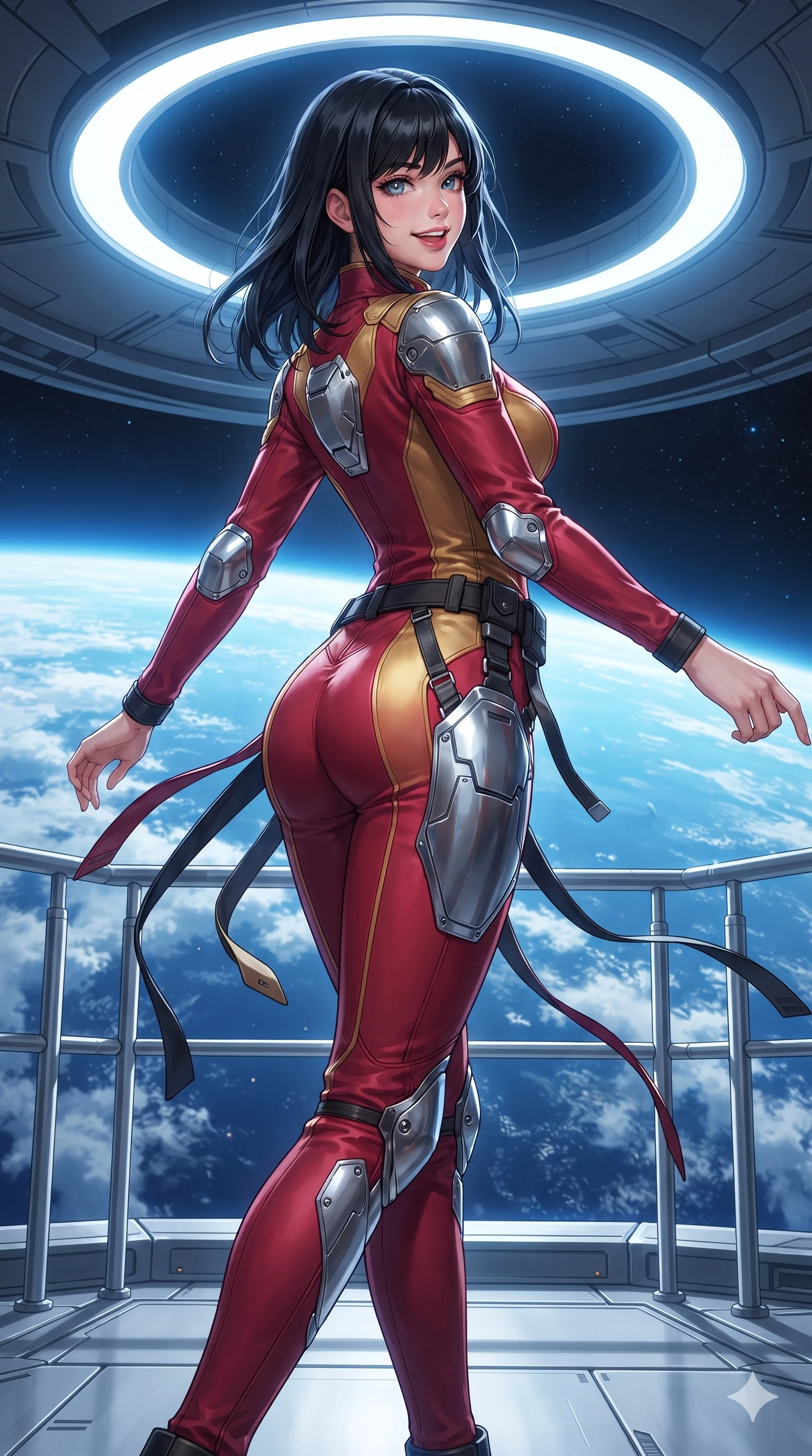 score_9, masterpiece, best quality, ultra-detailed, high-budget anime keyframe, editorial fashion photography, tasteful artistic composition, Caucasian woman. low angle full-body shot from head to toe showing her feet, filling the entire 9:16 vertical frame with her statuesque presence, stretching her vertical silhouette. executing a cheerful mid-motion pivot turn as her tactical belt and ribbons flutter around her slender legs, glancing over her shoulder with an intoxicating, teasing bedroom-gaze while twisting her slender torso in an alluring S-curve, brilliant blue earthlight and platinum ring reflections painting glowing highlights across her flat midriff and hourglass curves. The surrounding environment is rendered in vivid detail and crisp panoramic clarity: sharp platinum balustrade bevels, micro-welded titanium deck plates, and crisp cloud swirling details on the planet below in deep focus. She has an absolutely perfect, statuesque 8.5-heads proportion, an exceptionally tall and slender model-like female figure with impossibly long slender legs, an ultra-slim waist, a flat toned midriff, narrow delicate ribcage, and beautifully sculpted feminine hips creating a graceful, slim hourglass silhouette without any bulky heaviness. sharp v-shaped jawline, high-bridge nose, intricate jewel-like sparkling eyes with depth, thick eyelashes, glossy parted lips with a natural sheen, bright confident smile with an enchanting and coquettish sensual glint, exuding both youthful magnetic charm and sovereign high-tech allure, flawlessly proportioned anatomical accuracy, strict slender model proportions, natural body alignment, perfectly sculpted long slender limbs, ultra-slim waistline, clean dynamic posture without body distortion. wearing a refined long-sleeve high-collar flight jumpsuit crafted with ergonomic pressure-sealed seams in relativistic crimson and blazing accretion gold, tailored from brushed aeronautical titanium alloy with matte satin sheen, accented with strategically placed chrome armor plate guards covering key curves, the bespoke structured tailoring following the natural line of her 8.5-heads silhouette with refined elegance. illuminated by deck bounce and sharp sapphire-platinum rim lights defining her razor-sharp jawline, narrow waist, and curvy hips. ultra-reflective glossy finish, specular highlights, rich textural contrasts, high-contrast stereoscopic depth, volumetric dynamic lighting, 2k, ultra detail, master piece, 9:16 ratio