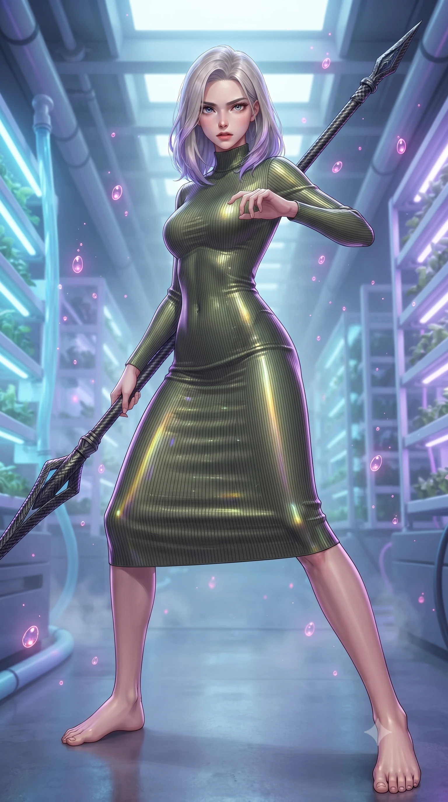 score_9, masterpiece, best quality, ultra-detailed, high-budget anime keyframe, editorial fashion photography, tasteful artistic composition, Caucasian woman. low angle full-body shot from head to toe showing her feet, filling the entire 9:16 vertical frame with her statuesque presence, stretching her vertical silhouette. standing in a dynamic combat stance with a carbon-fiber spear held diagonally, stretching her statuesque body, the background shows a soft-focus a hydroponic greenhouse corridor with floating droplets of glowing pink cyber-sap. She has an absolutely perfect, statuesque 8.5-heads proportion, an exceptionally tall and slender model-like female figure with impossibly long slender legs and an ultra-slim waist. sharp v-shaped jawline, high-bridge nose, intricate jewel-like eyes with depth, thick eyelashes, glossy lips with a natural sheen. wearing a form-contouring body-hugging ribbed carbon-fiber knit bodycon midi dress in olive green, featuring a snug mock-neck. micro-prismatic refractions of yellow and violet neon light onto her form. ultra-reflective glossy finish, specular highlights, metallic sheen, high-contrast stereoscopic depth, volumetric dynamic lighting, 2k, ultra detail, master piece, 9:16 ratio