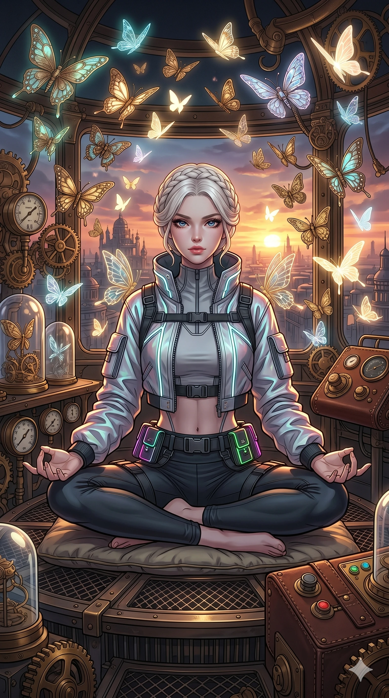 score_9, masterpiece, best quality, ultra-detailed, high-budget anime movie keyframe, cinematic anime lighting, intricate line art, Caucasian (strictly human ears) woman. Medium shot of upper body capturing the intricate details of her high-fashion attire. meditating peacefully in a steampunk airship deck surrounded by glowing butterflies. She has an absolutely perfect 8-heads proportion, an exceptionally tall and slender female figure with an ultra-slim waist and impossibly long slender legs. sharp v-shaped jawline, high-bridge nose, intricate jewel-like eyes, thick eyelashes, glossy lips. Wearing modern urban tech-wear ensemble with a cropped reflective bomber jacket, ultra-slim high-waisted cargo leggings, and tactical harness with neon-lit pouches. The scene is illuminated by dramatic atmospheric lighting and vibrant color palettes. , 2k, ultra detail, master piece, 9:16 ratio