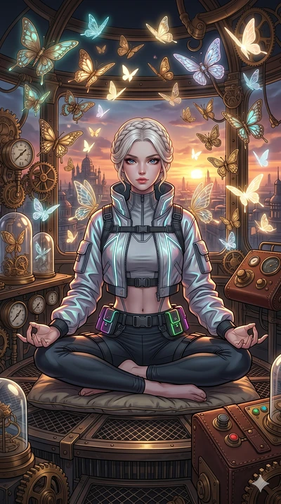 score_9, masterpiece, best quality, ultra-detailed, high-budget anime movie keyframe, cinematic anime lighting, intricate line art, Caucasian (strictly human ears) woman. Medium shot of upper body capturing the intricate details of her high-fashion a
