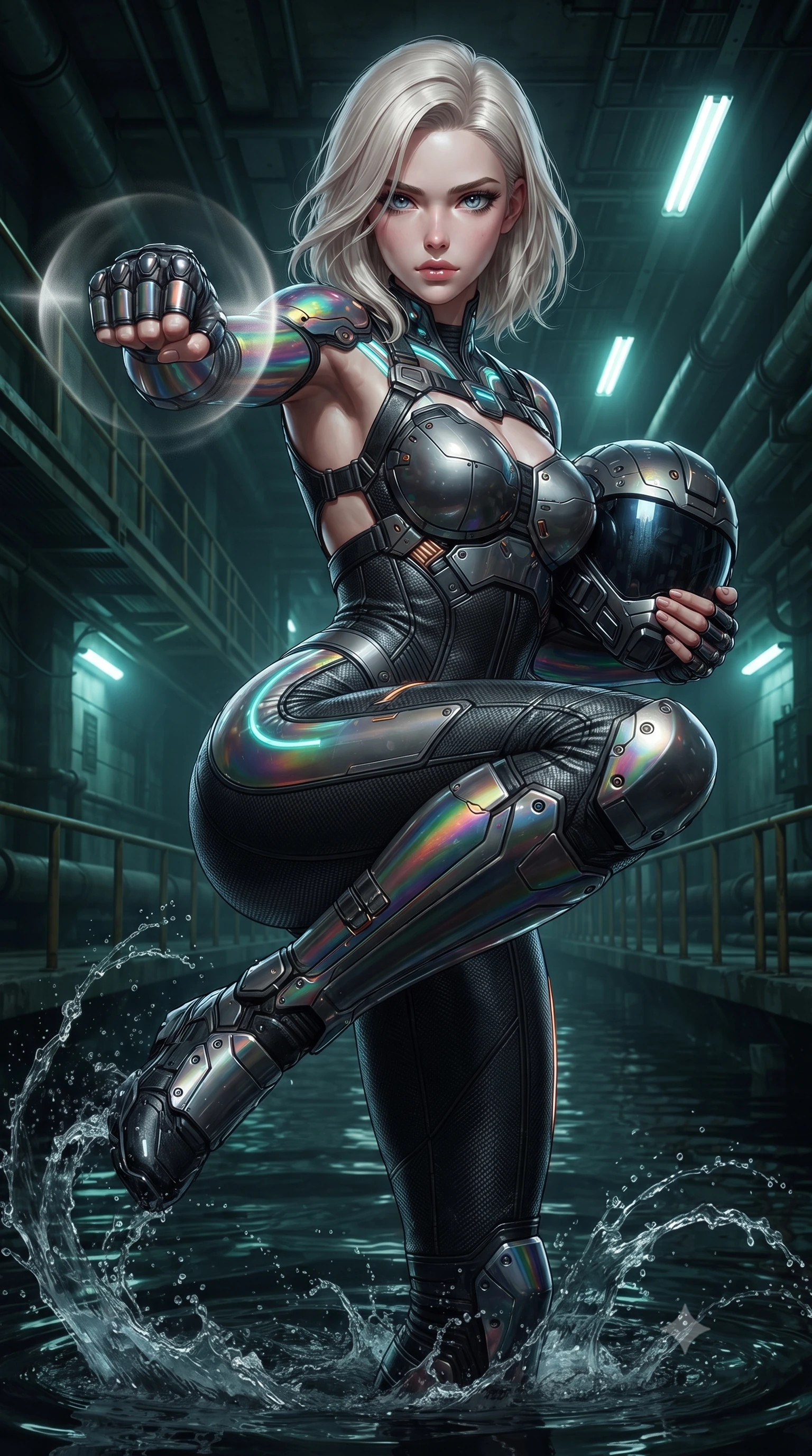 score_9, masterpiece, best quality, ultra-detailed, high-budget anime keyframe, editorial fashion photography, tasteful artistic composition, Caucasian woman. close-up cowboy shot from the waist and thighs up, the character dominates the composition, filling the frame with her large presence. thrusting a high-speed kinetic punch toward the camera, a visible conical shockwave distortion wrapping around her armored forearm while executing a soaring 180-degree spinning hook kick above black industrial floodwaters with reinforced kinetic shin guards spraying water arcs. The surrounding environment is rendered in vivid detail and crisp panoramic clarity. deep subterranean chiaroscuro and raw industrial conduit engineering rendered with precision. She has an exceptionally elegant, slender, and willowy female figure with an ultra-slim waist, a gracefully sculpted slender torso, toned flat midriff, and a refined slim silhouette. sharp v-shaped jawline, high-bridge nose, intricate jewel-like eyes with depth, thick eyelashes, glossy lips with a natural sheen, fierce and resolute heroine expression, flawlessly proportioned anatomical accuracy, strict slender model proportions, natural body alignment, perfectly sculpted long slender limbs, ultra-slim waistline, clean dynamic posture without body distortion. holding a modular carbon battle-helmet under one arm, her flawless face and sculpted neck exposed to the rain with determined warrior focus, paired with a tailored tactical combat jumpsuit with an open-back harness design, reinforced composite breastplate, and high-mobility elbow dampers in high-gloss iridescent rainbow carbon with scorched titanium plating, crafted from ultra-strong woven carbon-fiber composite with battle-tested satin luster, accented with glowing fiber-optic telemetry conduits tracing her collarbones and hip curves, the liquid-tight tailored fabric emphasizing every curve of her tall, slender model proportions and sculptured silhouette during dynamic movement. bathed in eerie emerald biochemical uplights and cold white fluorescent ceiling spotlights. ultra-reflective glossy finish, specular highlights, dark metallic sheen, high-contrast stereoscopic depth, volumetric dynamic lighting, 2k, ultra detail, master piece, 9:16 ratio