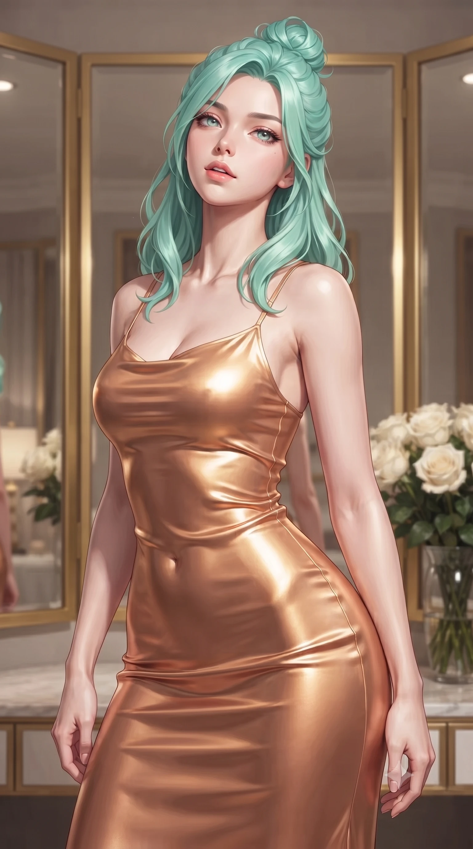 score_9, masterpiece, best quality, ultra-detailed, high-budget anime keyframe, editorial fashion photography, tasteful artistic composition, Japanese woman woman. close-up cowboy shot from the waist and thighs up, the character dominates the composition, filling the frame with her large presence, background elements kept in soft focus. tilting her chin up slightly with lips parted in a composed, provocative expression the background shows a soft-focus a corner of a luxury hotel suite with gold-trimmed mirrors and white roses. She has an exceptionally elegant, slender, and willowy female figure with an ultra-slim waist, a gracefully sculpted slender torso, and a refined silhouette. sharp v-shaped jawline, high-bridge nose, intricate jewel-like eyes with depth, thick eyelashes, glossy lips with a natural sheen. wearing a tailored body-hugging liquid silk slip dress in sunset gold, clinging to her slender waist and hips. soft spotlighting highlighting the silk textures of her gown. ultra-reflective glossy finish, specular highlights, metallic sheen, high-contrast stereoscopic depth, volumetric dynamic lighting, 2k, ultra detail, master piece, 9:16 ratio