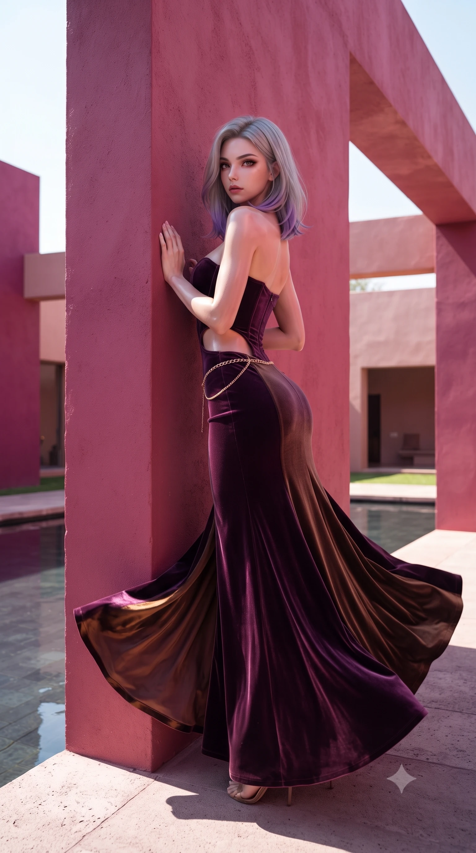 score_9, masterpiece, best quality, ultra-detailed, high-budget anime keyframe, editorial fashion photography, tasteful artistic composition, Caucasian woman. low angle full-body shot from head to toe showing her feet, filling the entire 9:16 vertical frame with her statuesque presence, stretching her vertical silhouette. executing an elegant mid-motion pivot turn as garments swirl around her slender limbs, glancing over her shoulder with an intoxicating bedroom-gaze while leaning against the monumental bold magenta and dusty-rose stucco wall, arching her lower back in high-fashion sovereign poise beside the reflecting pool. The surrounding environment is rendered in vivid detail and crisp panoramic clarity. detailed linen and silk dress texture, crisp sunlight specular highlights on skin, and Barragán architectural clarity in high resolution. She has an exceptionally tall and slender model-like 8.5-heads proportion, an ultra-slim waist, a flat toned midriff, narrow delicate ribcage, and beautifully sculpted feminine hips creating a graceful, slim hourglass silhouette without any bulky heaviness, with impossibly long slender legs. sharp v-shaped jawline, high-bridge nose, intricate jewel-like eyes with depth, thick eyelashes, glossy parted lips with a natural sheen, intensely captivating and seductive bedroom-eyes expression, flawlessly proportioned anatomical accuracy, strict slender model proportions, natural body alignment, perfectly sculpted long slender limbs, ultra-slim waistline, clean dynamic posture without body distortion. wearing a deep sweetheart neckline crushed velvet corseted ballgown with an exposed midriff cutout in deep plum violet and antique bronze, tailored from second-skin aerodynamic stretch vinyl with specular wet sheen, accented with a delicate gold chain belt resting loosely on her curvy hips, the glove-like aerodynamic silhouette tightly following the natural contour of her hips and long slender legs with statuesque 8.5-heads elegance. bathed in intense, brilliant Mexican afternoon sunlight casting sharp geometric architectural shadows. ultra-reflective glossy finish, specular highlights, rich textural contrasts, high-contrast stereoscopic depth, volumetric dynamic lighting, 2k, ultra detail, master piece, 9:16 ratio