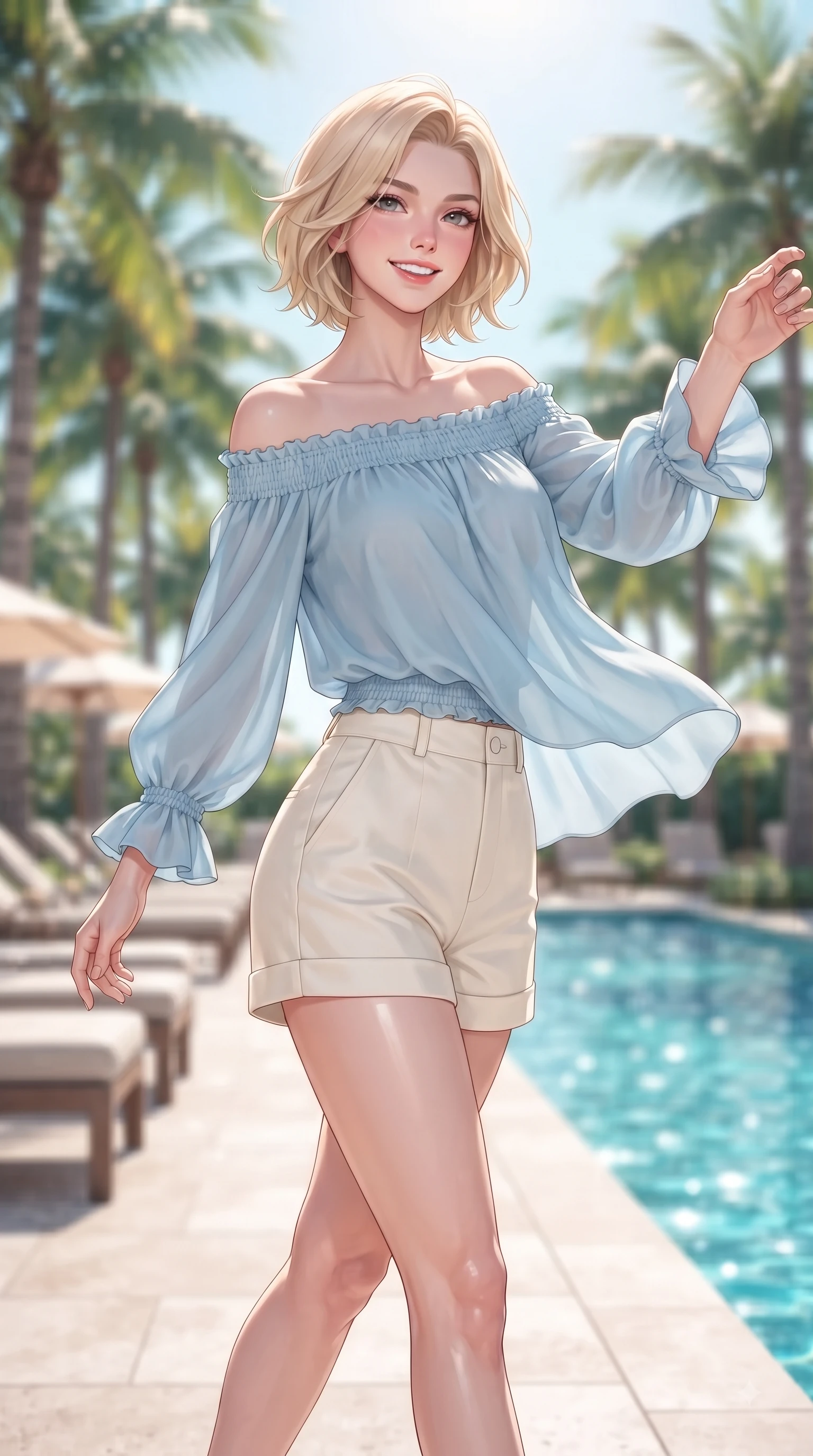 score_9, masterpiece, best quality, ultra-detailed, high-budget anime keyframe, editorial fashion photography, tasteful artistic composition, Caucasian woman. close-up cowboy shot from the waist and thighs up, the character dominates the composition, filling the frame with her large presence. Extending one arm in an elegant stretch toward the light while smiling with vibrant, youthful self-assurance while walking gracefully along a crystal-clear resort pool deck lined with palm trees and sun loungers. The composition keeps background elements in soft focus with dreamy bokeh. sparkling pool water and palm fronds blurred into crisp, dreamy turquoise background bokeh. She has an exceptionally elegant, slender, and willowy female figure with an ultra-slim waist, a gracefully sculpted slender torso, and a refined silhouette. sharp v-shaped jawline, high-bridge nose, intricate jewel-like eyes with depth, thick eyelashes, glossy lips with a natural sheen, flawlessly proportioned anatomical accuracy, natural body alignment, perfectly sculpted elegant limbs, clean dynamic posture without body distortion. wearing a light blue off-shoulder chiffon blouse paired with tailored ivory shorts in baby blue and cloud white, tailored from crisp cotton poplin, accented with soft smocked details and fluttery cuffs, the soft airy drape swaying gracefully with her dynamic movements. surrounded by an exclusive, sun-drenched, and relaxing resort atmosphere. ultra-reflective glossy finish, specular highlights, metallic sheen, high-contrast stereoscopic depth, volumetric dynamic lighting, 2k, ultra detail, master piece, 9:16 ratio