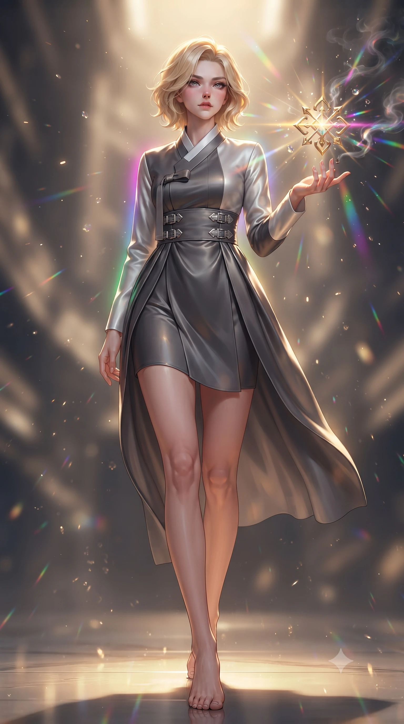 score_9, masterpiece, best quality, ultra-detailed, high-budget anime keyframe, editorial fashion photography, tasteful artistic composition, Caucasian woman. low angle full-body shot from head to toe showing her feet, filling the entire 9:16 vertical frame with her statuesque presence, stretching her vertical silhouette. stepping forward with proud posture, filling the vertical frame with her magnetic presence touching a floating golden icon surrounded by kaleidoscope light rays, floating glass dust and incense smoke scattering colorful light beams. She has an absolutely perfect, statuesque 8.5-heads proportion, an exceptionally tall and slender model-like female figure with impossibly long slender legs and an ultra-slim waist. sharp v-shaped jawline, high-bridge nose, intricate jewel-like eyes with depth, thick eyelashes, glossy lips with a natural sheen. wearing a modern fusion silk hanbok dress with a structured bodice in charcoal grey and platinum, crafted from smooth liquid silk, detailed with polished silver buckles along the waistline, the elegant draped fit framing her graceful clavicle and slender torso. illuminated by a warm golden key light and brilliant multi-color rim light. ultra-reflective glossy finish, specular highlights, metallic sheen, high-contrast stereoscopic depth, volumetric dynamic lighting, 2k, ultra detail, master piece, 9:16 ratio