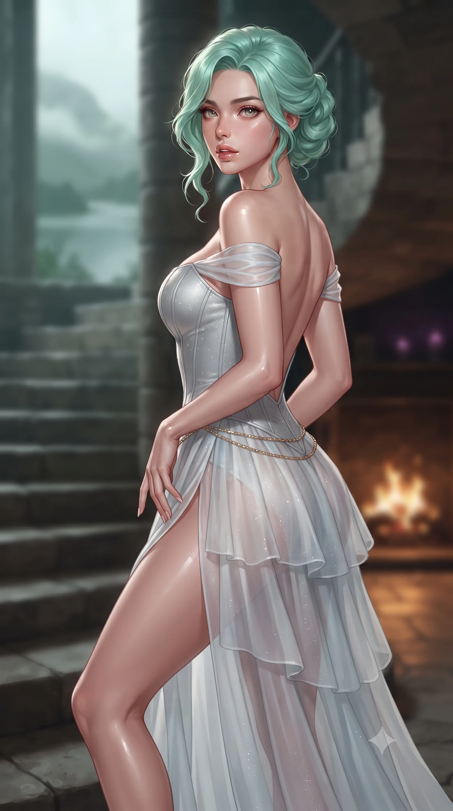 score_9, masterpiece, best quality, ultra-detailed, high-budget anime keyframe, editorial fashion photography, tasteful artistic composition, Japanese woman. close-up cowboy shot from the waist and thighs up, the character dominates the composition, filling the frame with her large presence. resting one manicured hand delicately on her hip bone, her upper body turning in a fluid, seductive S-curve while parted lips glisten in the light while gliding down the spiraling stone castle staircase with supermodel poise, her high-slit skirt opening to reveal her long slender legs and curvy hips. The composition keeps background elements in soft focus with creamy bokeh. mist-shrouded Scottish loch waters and roaring fireplace embers blurred into deep emerald, whiskey-gold, and heather-violet bokeh. She has an exceptionally elegant, slender, and willowy female figure with an ultra-slim waist, flat toned midriff, narrow ribcage, and sculpted feminine hips creating an alluring, slim hourglass silhouette without bulk. sharp v-shaped jawline, high-bridge nose, intricate jewel-like eyes with depth, thick eyelashes, glossy parted lips with a natural sheen, intensely captivating and seductive bedroom-eyes expression, flawlessly proportioned anatomical accuracy, strict slender model proportions, natural body alignment, perfectly sculpted long slender limbs, ultra-slim waistline, clean dynamic posture without body distortion. wearing an off-shoulder French court corset bodice dress paired with a tiered translucent chiffon slit skirt in liquid starlight silver and arctic glacier white, tailored from liquid silk jersey adhering flawlessly to her slender build, accented with a delicate gold chain belt resting loosely on her curvy hips, the dramatically scooped open back descending to the base of her spine, accentuating her razor-sharp statuesque lines and slim hourglass silhouette. surrounded by an aristocratic, untamed, and dangerously captivating Scottish highland duchess aura. ultra-reflective glossy finish, specular highlights, rich textural contrasts, high-contrast stereoscopic depth, volumetric dynamic lighting, 2k, ultra detail, master piece, 9:16 ratio