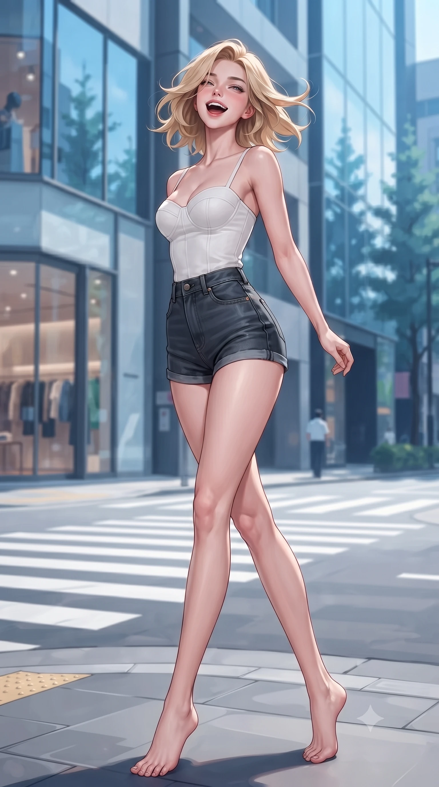 score_9, masterpiece, best quality, ultra-detailed, high-budget anime keyframe, editorial fashion photography, tasteful artistic composition, Caucasian woman. low angle full-body shot from head to toe showing her feet, filling the entire 9:16 vertical frame with her statuesque presence, stretching her vertical silhouette. twirling around with a playful, sensual laugh, her dress fluttering elegantly to accent her waistline set against a soft-focus background of on a modern city street crossing with sleek crosswalk markings and signs with modern glass shop fronts reflecting the blue sky and trees. She has an absolutely perfect, statuesque 8.5-heads proportion, an exceptionally tall and slender model-like female figure with impossibly long slender legs and an ultra-slim waist. sharp v-shaped jawline, high-bridge nose, intricate jewel-like eyes with depth, thick eyelashes, glossy lips with a natural sheen. wearing tailored tailored cotton bustier top paired with high-waist denim shorts. cool midday daylight creating a clean, high-key editorial look in the plaza. highly saturated vibrant anime colors, detailed shading with soft gradients, rich glossy textures, high-contrast stereoscopic depth, volumetric dynamic lighting, master piece, 9:16 ratio