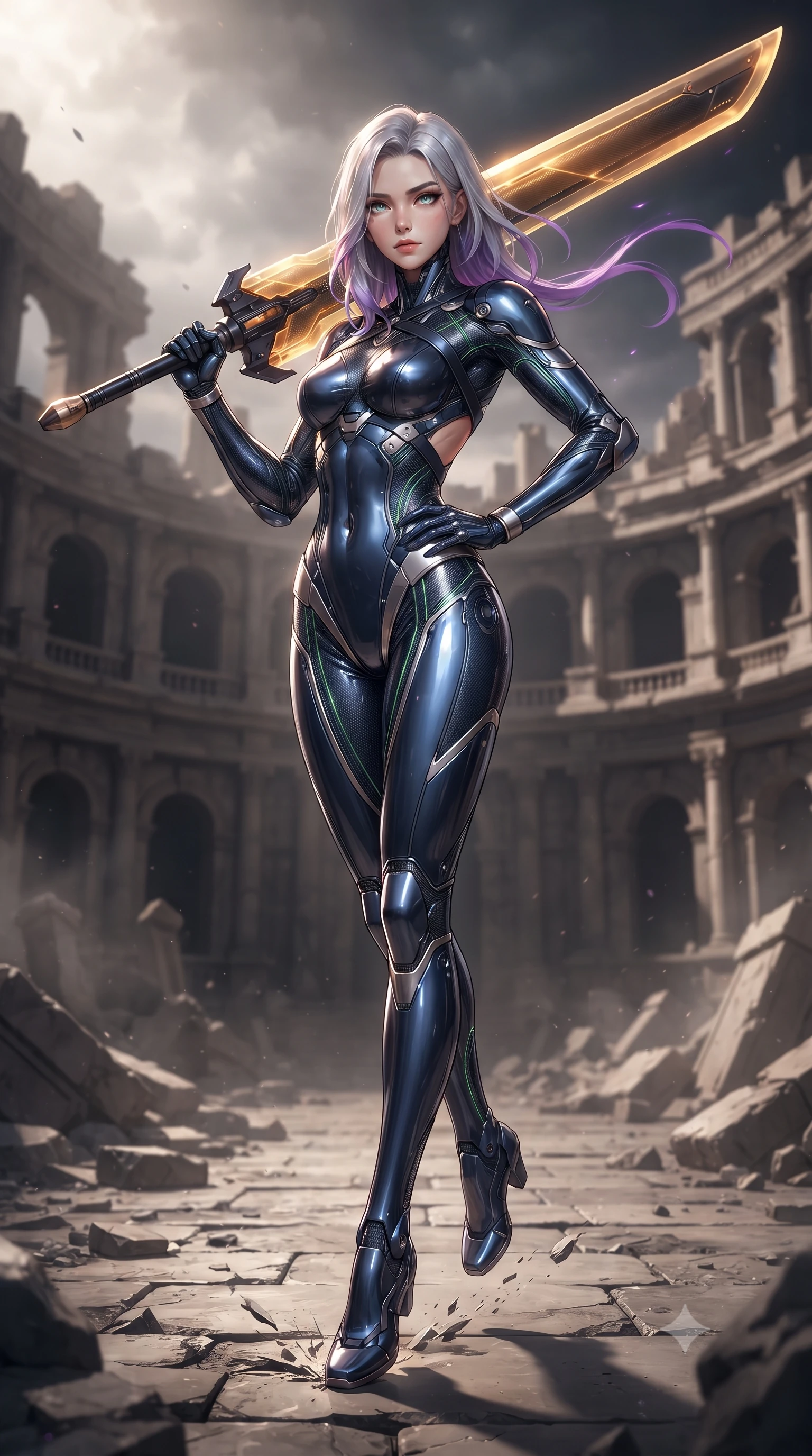 score_9, masterpiece, best quality, ultra-detailed, high-budget anime keyframe, editorial fashion photography, tasteful artistic composition, Caucasian woman. low angle full-body shot from head to toe showing her feet, filling the entire 9:16 vertical frame with her statuesque presence, stretching her vertical silhouette. performing an alluring mid-air combat landing with flawless poise, looking directly into the camera with regal, deadly intensity while resting one hand on her slender hip while looking down the edge of her massive weapon with haughty, captivating allure. The surrounding environment is rendered in vivid detail and crisp panoramic clarity. dramatic warrior chiaroscuro and monumental ruined arena architecture rendered in panoramic precision. She has an absolutely perfect, statuesque 8.5-heads proportion, an exceptionally tall and slender model-like female figure with impossibly long slender legs, a toned flat midriff, and an ultra-slim waist. sharp v-shaped jawline, high-bridge nose, intricate jewel-like eyes with depth, thick eyelashes, glossy lips with a natural sheen, flawlessly proportioned anatomical accuracy, strict slender model proportions, natural body alignment, perfectly sculpted long slender limbs, ultra-slim waistline, clean dynamic posture without body distortion. wearing a statuesque midnight cobalt carbon-fiber armor-suit with platinum trim and an ultra-slim waistline, resting a massive sleek high-frequency anti-material greatsword across her shoulder in molten amber-gold carbon cuirass with dark titanium weave, crafted from semi-translucent cybernetic carbon-vinyl interwoven with glowing micro-filaments, complemented by criss-cross back harness straps highlighting her completely bare spine, the form-contouring material adhering flawlessly to her sculpted flat midriff and slender torso, emphasizing her long leg lines and perfectly proportioned willowy build. surrounded by an invincible, royal, and fiercely captivating cyber-gladiator empress aura. ultra-reflective glossy finish, specular highlights, dark metallic sheen, high-contrast stereoscopic depth, volumetric dynamic lighting, 2k, ultra detail, master piece, 9:16 ratio