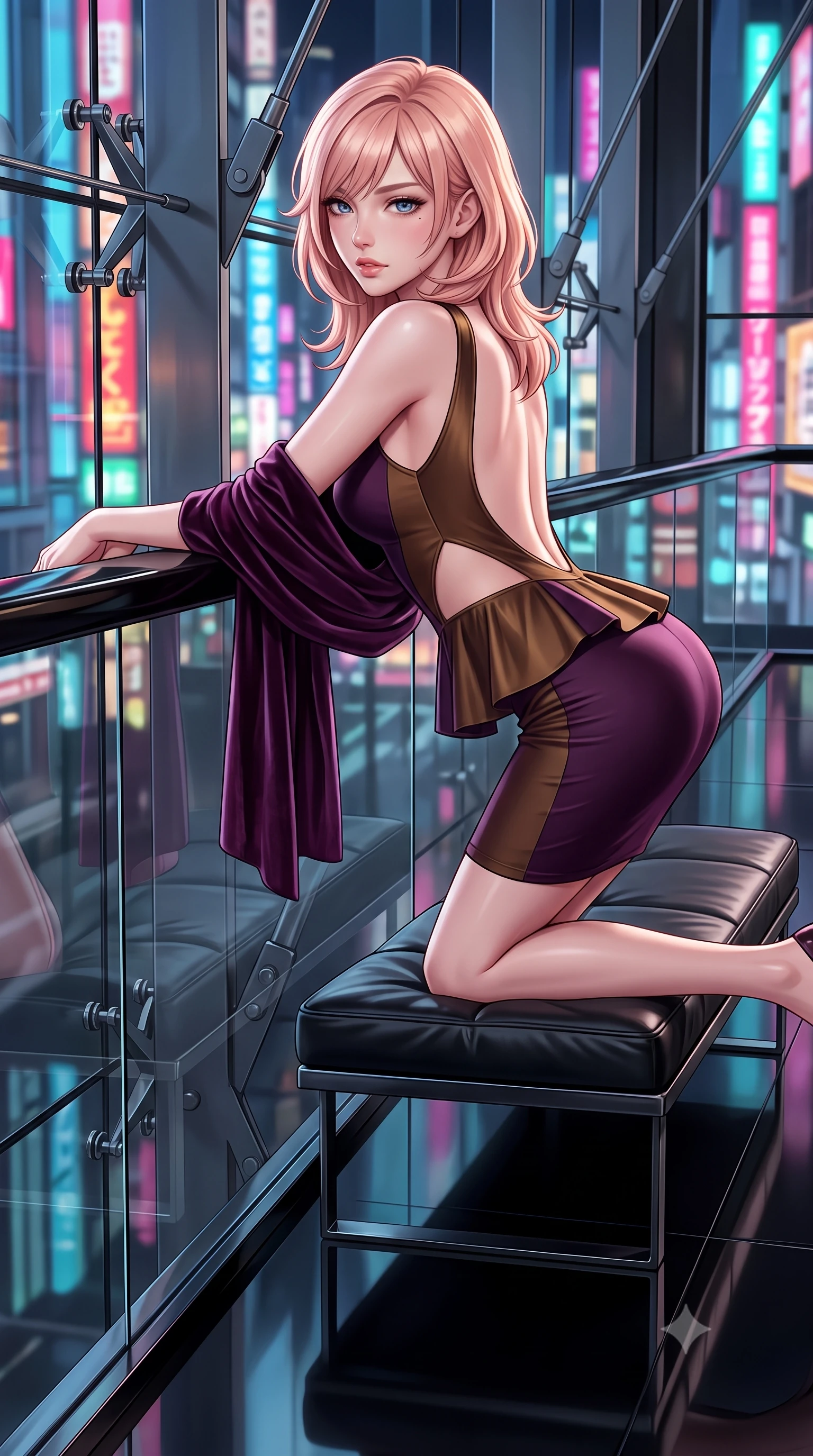 score_9, masterpiece, best quality, ultra-detailed, high-budget anime keyframe, semi-realistic 3D game render, editorial fashion photography, tasteful artistic composition, Japanese woman. close-up cowboy shot from the waist and thighs up, the character dominates the composition, filling the frame with her large presence. leaning forward against the polished railing with her hips cocked back, creating an intoxicating curve from her narrow waist to sculpted hips as she gazes back into the lens while reclining on a low-slung minimalist leather bench on the polished black resin floor, her curvaceous hips and willowy limbs creating an avant-garde geometric silhouette. The surrounding environment is rendered in vivid detail and crisp panoramic clarity. sharp glass bevel joints, black resin floor mirror reflections, and architectural steel frame connections in deep focus. She has an exceptionally elegant, slender, and willowy female figure with an ultra-slim waist, flat toned midriff, narrow ribcage, and sculpted feminine hips creating an alluring, slim hourglass silhouette without bulk. sharp v-shaped jawline, high-bridge nose, intricate jewel-like eyes with depth, thick eyelashes, glossy parted lips with a natural sheen, intensely captivating and seductive bedroom-eyes expression, flawlessly proportioned anatomical accuracy, strict slender model proportions, natural body alignment, perfectly sculpted long slender limbs, ultra-slim waistline, clean dynamic posture without body distortion. wearing a modern peplum corset dress with side-waist diamond cutouts and an ultra-tight silhouette in deep plum violet and antique bronze, tailored from liquid silk jersey adhering flawlessly to her slender build, complemented by a plush velvet shawl draped loosely over her elbows, the dramatically scooped open back descending to the base of her spine, accentuating her razor-sharp statuesque lines and slim hourglass silhouette. bathed in pure, diffused designer architectural lighting and vibrant Tokyo street neon reflections. highly saturated vibrant anime colors, detailed shading with soft gradients, rich glossy textures, high-contrast stereoscopic depth, volumetric dynamic lighting, master piece, 9:16 ratio