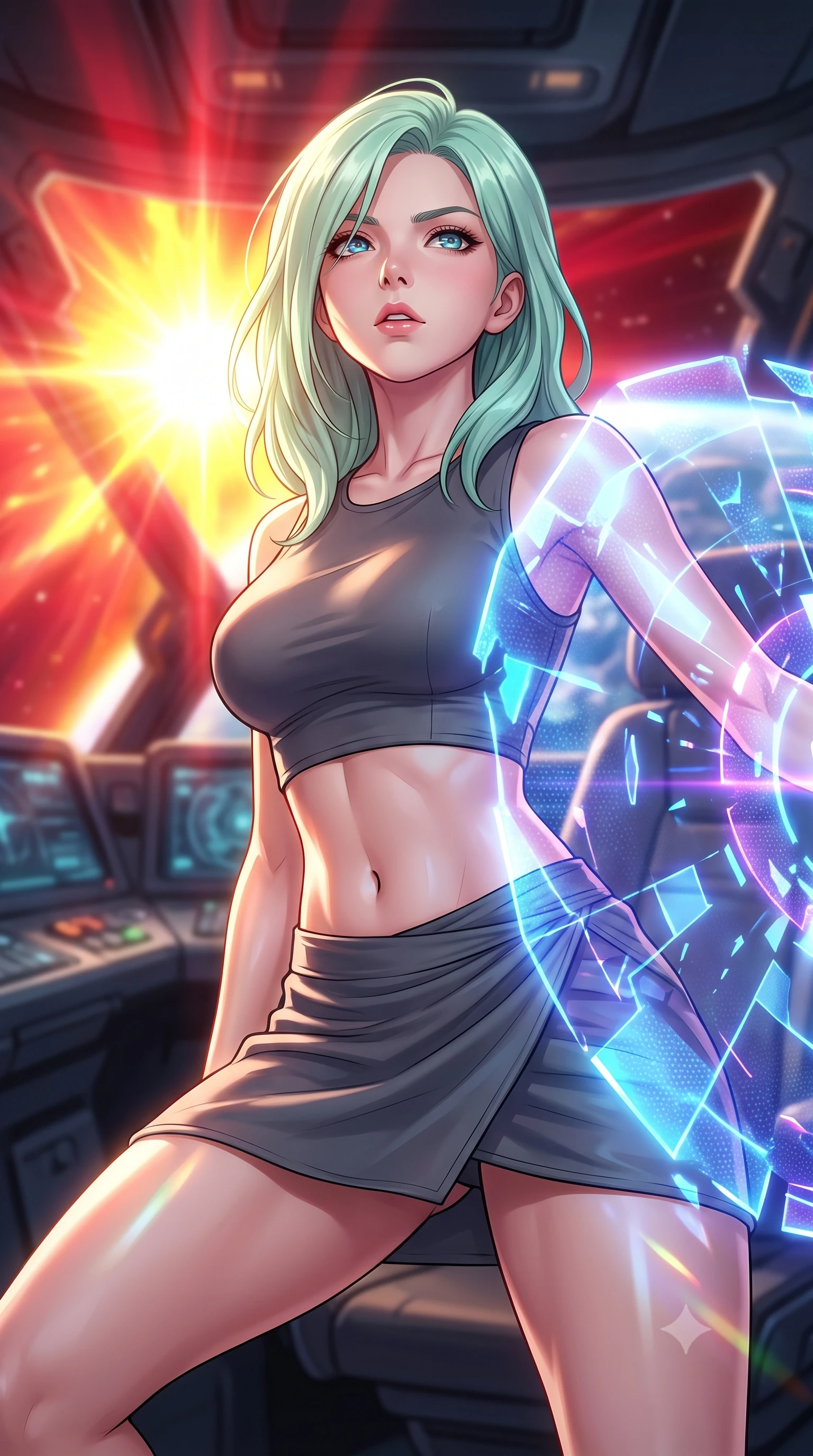 score_9, masterpiece, best quality, ultra-detailed, high-budget anime keyframe, editorial fashion photography, tasteful artistic composition, Japanese woman. close-up cowboy shot from the waist and thighs up, the character dominates the composition, filling the frame with her large presence, background elements kept in soft focus. crouching slightly behind a glowing holographic shield emitter, looking up with defiance and lips slightly parted, the background shows a soft-focus a high-tech pilot cockpit facing a blinding solar storm in orbit. She has an exceptionally elegant, slender, and willowy female figure with an ultra-slim waist, a gracefully sculpted slender torso, and a refined silhouette. sharp v-shaped jawline, high-bridge nose, intricate jewel-like eyes with depth, thick eyelashes, glossy lips with a natural sheen. wearing a body-hugging summer-combat crop top and wrap skirt set in carbon-grey, showing her delicately sculpted midriff. intense yellow and crimson light flares from the sun casting dynamic reflections. highly saturated vibrant anime colors, detailed shading with soft gradients, rich glossy textures, high-contrast stereoscopic depth, volumetric dynamic lighting, master piece, 9:16 ratio