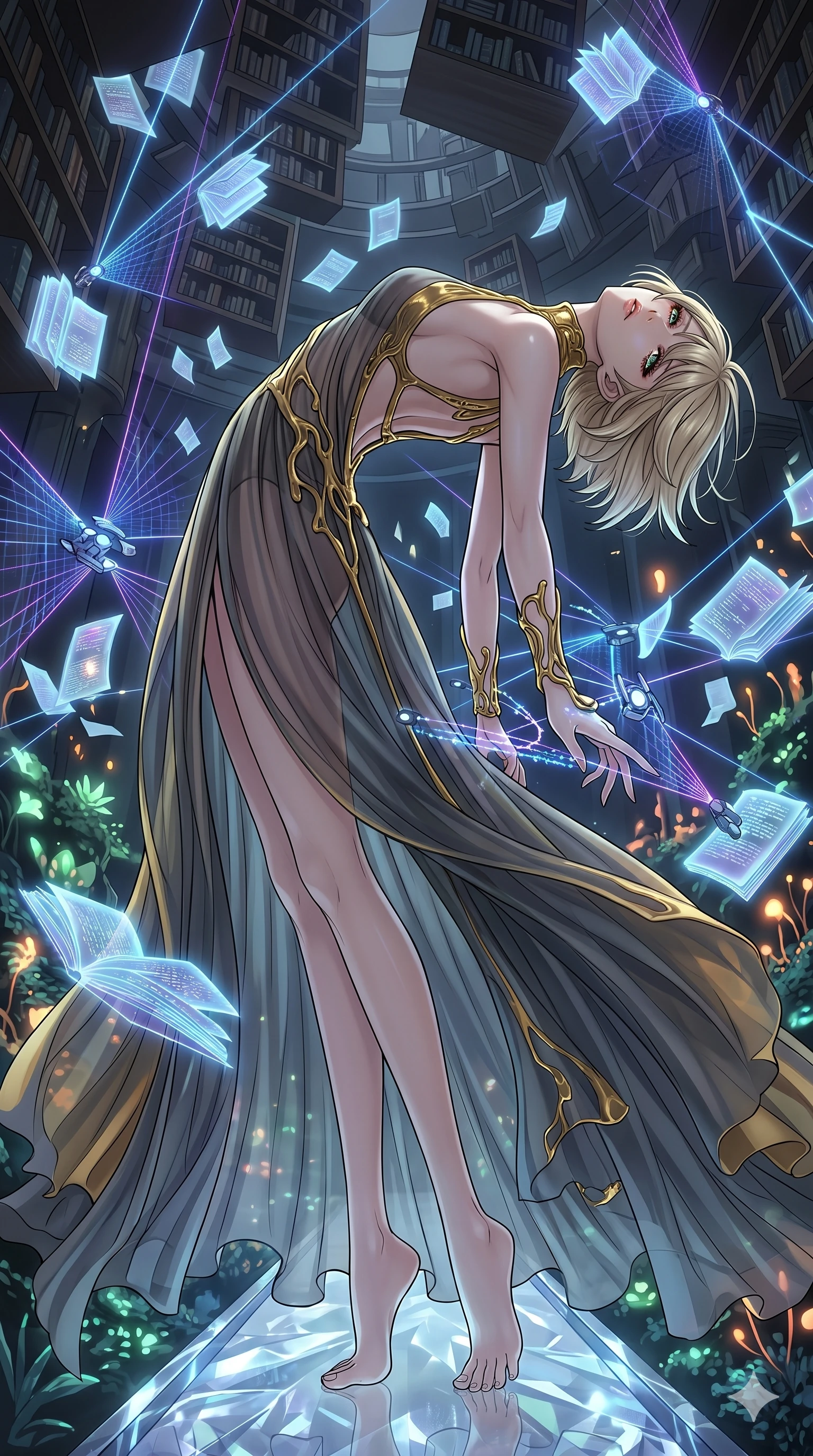 score_9, masterpiece, best quality, ultra-detailed, high-budget anime keyframe, editorial fashion photography, tasteful artistic composition, Japanese woman. low angle full-body shot from head to toe showing her feet, filling the entire 9:16 vertical frame with her statuesque presence, stretching her vertical silhouette. bending backwards under inside a levitating library with glowing holographic book pages flying around as micro-drones emitting laser beams draw grid lines in the air. She has an absolutely perfect 8-heads proportion, an exceptionally tall and slender female figure with impossibly long slender legs and an ultra-slim waist. V-shaped jawline, high-bridge nose, intricate jewel-like eyes with depth, thick eyelashes, glossy lips with a natural sheen.. wearing a molten gold and chiffon gown, featuring organic liquid gold collar and cuffs on a translucent charcoal-gray halter neck chiffon gown with a open-back architectural design. enhanced by the soft inner light of bioluminescent flora and neon embers in the background. 2k, ultra detail, master piece, 9:16 ratio
