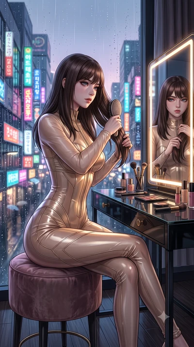 score_9, masterpiece, best quality, ultra-detailed, High-budget Anime Keyframe, East Asian woman. Low angle cowboy shot filling the entire 9:16 frame with her statuesque presence. Scenario 408: brushing her hair while seated before a vanity of black 