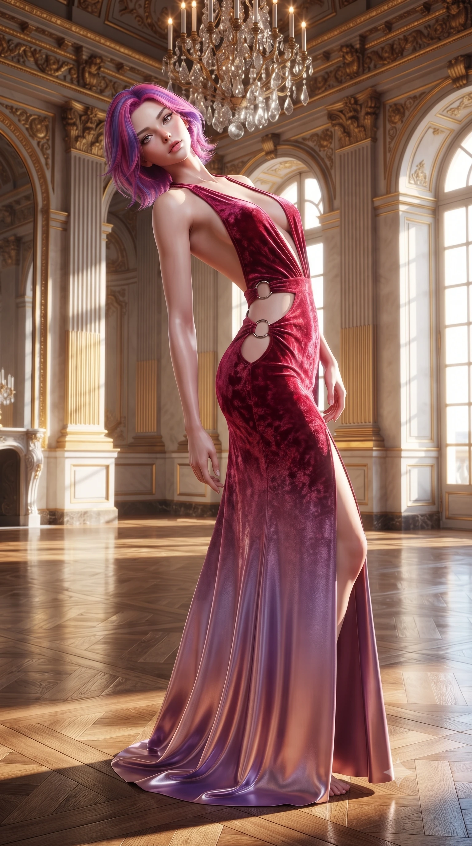 score_9, masterpiece, best quality, ultra-detailed, high-budget anime keyframe, editorial fashion photography, tasteful artistic composition, Caucasian woman. low angle full-body shot from head to toe showing her feet, filling the entire 9:16 vertical frame with her statuesque presence, stretching her vertical silhouette. arching her back in a fluid zero-gravity turn with sovereign grace, her long slender legs and sculpted torso creating a sweeping line while stretching her slender torso in an alluring back-arch on the parquet floor catching intense specular light from the high arched windows. The surrounding environment is rendered in vivid detail and crisp panoramic clarity. high-contrast royal palace architecture and opulent French luxury aesthetic rendered with environmental sharpness. She has an absolutely perfect, statuesque 8.5-heads proportion, an exceptionally tall and slender model-like female figure with impossibly long slender legs, a toned flat midriff, and an ultra-slim waist. sharp v-shaped jawline, high-bridge nose, intricate jewel-like eyes with depth, thick eyelashes, glossy lips with a natural sheen, flawlessly proportioned anatomical accuracy, strict slender model proportions, natural body alignment, perfectly sculpted long slender limbs, ultra-slim waistline, clean dynamic posture without body distortion. wearing a backless crimson crushed velvet gown with a deep plunging V-neckline, strategic hip cutouts, and an ultra-high thigh slit in luminous lavender violet and rose gold, made of liquid metal jersey that clings flawlessly to every contour of her build, detailed with polished silver rings connecting the daring side-waist cutouts, the glove-like aerodynamic second-skin fit tightly clinging to her ultra-slender waist and athletic curves without adding bulk, accentuating her razor-sharp statuesque lines and slim hourglass silhouette. illuminated by clear directional sunbursts with sharp specular rim highlights tracing her slender curves. ultra-reflective glossy finish, specular highlights, metallic sheen, high-contrast stereoscopic depth, volumetric dynamic lighting, 2k, ultra detail, master piece, 9:16 ratio