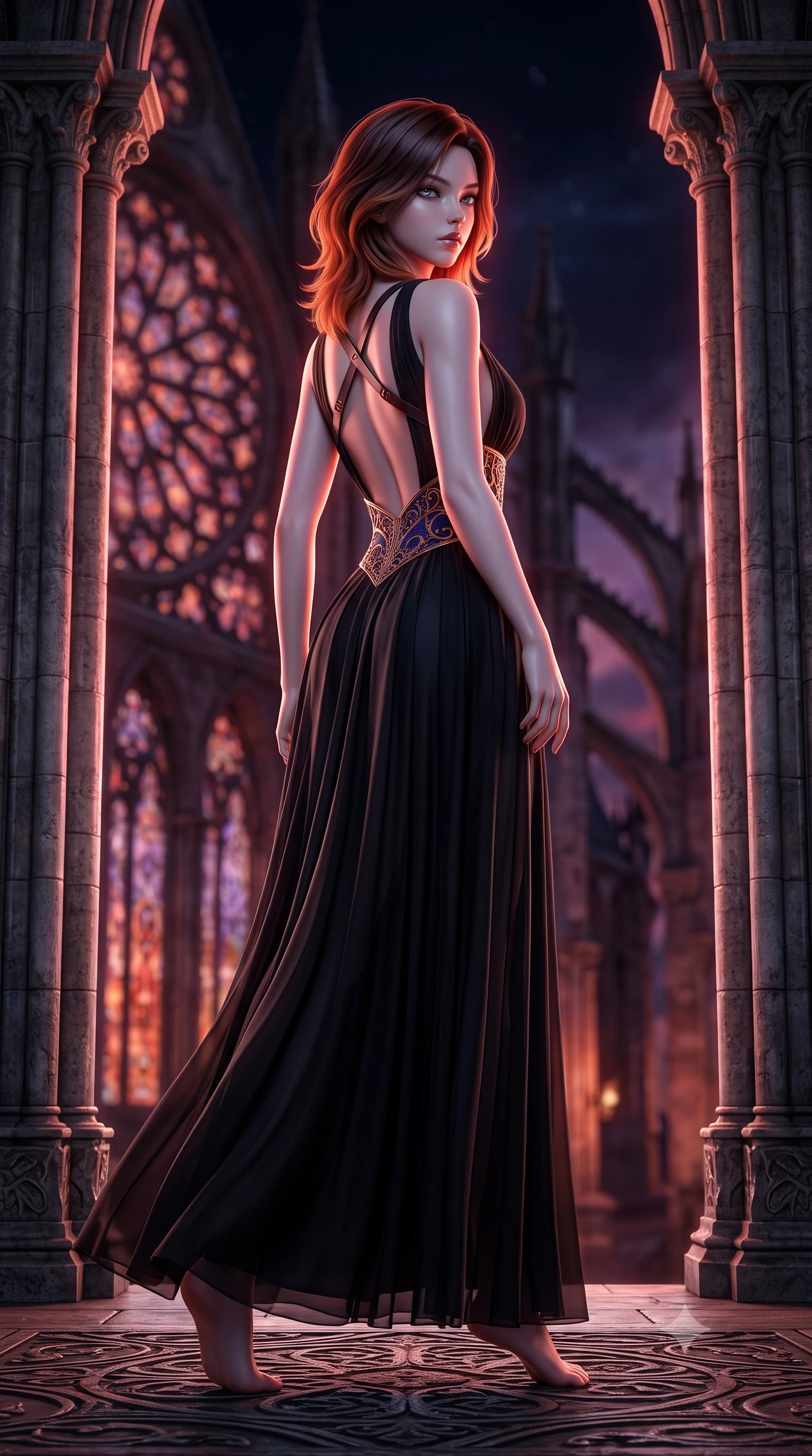 score_9, masterpiece, best quality, ultra-detailed, high-budget anime keyframe, semi-realistic 3D game render, editorial fashion photography, tasteful artistic composition, Korean woman. low angle full-body shot from head to toe showing her feet, filling the entire 9:16 vertical frame with her statuesque presence, stretching her vertical silhouette. pivoting dynamically with supreme athletic balance, her impossibly long slender legs and ultra-slim waist creating a mesmerizing vertical line while standing poised between towering fluted stone columns, eyes glowing with hypnotic intensity under the velvet night sky. The composition keeps background elements in soft focus with creamy bokeh. colossal gothic rose windows and distant flying buttresses blurred into blood-orange, violet, and obsidian bokeh. She has an absolutely perfect, statuesque 8.5-heads proportion, an exceptionally tall and slender model-like female figure with impossibly long slender legs, a toned flat midriff, and an ultra-slim waist. sharp v-shaped jawline, high-bridge nose, intricate jewel-like eyes with depth, thick eyelashes, glossy parted lips with a natural sheen, intensely captivating and seductive expression, flawlessly proportioned anatomical accuracy, strict slender model proportions, natural body alignment, perfectly sculpted long slender limbs, ultra-slim waistline, clean dynamic posture without body distortion. wearing a sleek obsidian column dress with gold filigree waist cincher and plunging backline in royal indigo and antique rose gold, woven from layered gossamer chiffon with a weightless sweeping drape, featuring an open-back criss-cross harness strap in dark leather, the dramatically scooped open back descending to the base of her spine, accentuating her razor-sharp statuesque lines and slim hourglass silhouette. bathed in surreal blood-red lunar eclipse backlighting and cool silver ambient fill. highly saturated vibrant anime colors, detailed shading with soft gradients, rich glossy textures, high-contrast stereoscopic depth, volumetric dynamic lighting, master piece, 9:16 ratio