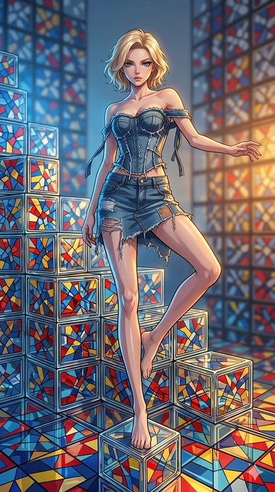 score_9, masterpiece, best quality, ultra-detailed, high-budget anime keyframe, Caucasian woman, strictly human ears. low angle full-body shot filling the entire 9:16 frame with her statuesque presence, stretching the vertical silhouette. balancing o