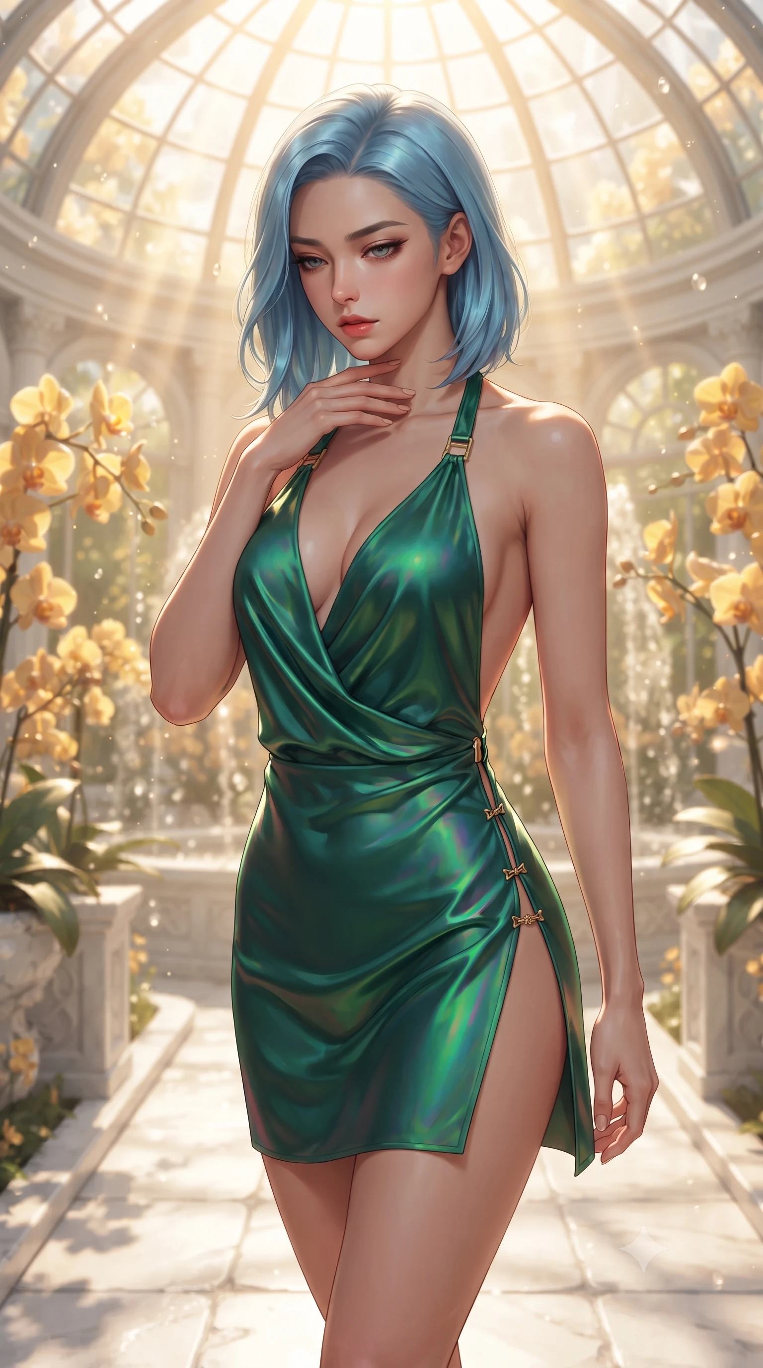 score_9, masterpiece, best quality, ultra-detailed, high-budget anime keyframe, editorial fashion photography, tasteful artistic composition, Korean woman. close-up cowboy shot from the waist and thighs up, the character dominates the composition, filling the frame with her large presence. resting her fingers lightly against her throat while looking down with a smoldering, haughty yet intensely captivating glance while walking gracefully along a sunlit white stone aisle in a grand crystal conservatory surrounded by golden orchids. The composition keeps background elements in soft focus with creamy bokeh. streaming sunbeams and fountain water droplets softened in a dreamy, warm depth of field. She has an exceptionally elegant, slender, and willowy female figure with an ultra-slim waist, a gracefully sculpted slender torso, toned flat midriff, and a refined slim silhouette. sharp v-shaped jawline, high-bridge nose, intricate jewel-like eyes with depth, thick eyelashes, glossy lips with a natural sheen, flawlessly proportioned anatomical accuracy, strict slender model proportions, natural body alignment, perfectly sculpted long slender limbs, ultra-slim waistline, clean dynamic posture without body distortion. wearing a form-contouring liquid satin halter-neck mini dress with a deep crossover cowl front, open back, and ultra-slender waist drape in bright emerald green satin and gold hardware, made of smooth iridescent silk chiffon that shifts colors with movement, finished with an ultra-high side slit secured by miniature magnetic clasps, the glove-like aerodynamic second-skin fit tightly clinging to her ultra-slender waist and athletic curves without adding bulk, accentuating her razor-sharp statuesque lines and slim hourglass silhouette. bathed in intense volumetric golden sunbeams streaming through crystalline glass dome panes. ultra-reflective glossy finish, specular highlights, metallic sheen, high-contrast stereoscopic depth, volumetric dynamic lighting, 2k, ultra detail, master piece, 9:16 ratio