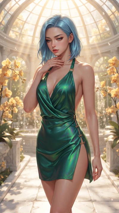 score_9, masterpiece, best quality, ultra-detailed, high-budget anime keyframe, editorial fashion photography, tasteful artistic composition, Korean woman. close-up cowboy shot from the waist and thighs up, the character dominates the composition, fi