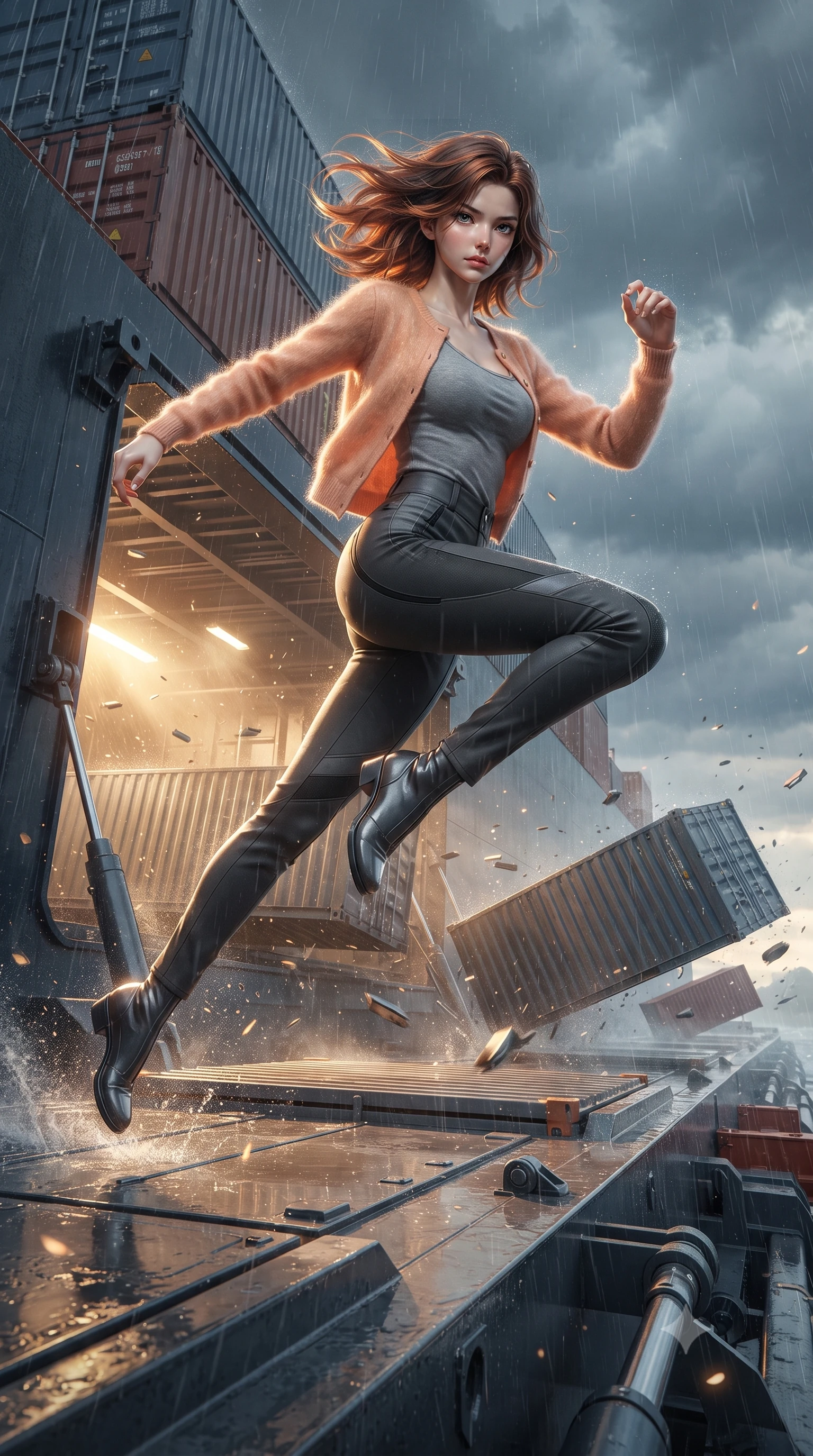 score_9, masterpiece, best quality, ultra-detailed, high-budget anime keyframe, editorial fashion photography, tasteful artistic composition, realistic cosplay photography, Korean woman. low angle full-body shot from head to toe showing her feet, filling the entire 9:16 vertical frame with her statuesque presence, stretching her vertical silhouette. leaping dynamically high in the air while slicing forward with wind-whipped hair through the open landing bay of a flying cargo ship during a storm, wind throwing metal shipping containers across the deck. She has a statuesque 8.5-heads proportion, an exceptionally tall, slender and willowy model-like build with impossibly long legs and a highly sculpted ultra-slim waist. sharp v-shaped jawline, high-bridge nose, intricate jewel-like eyes with depth, thick eyelashes, glossy lips with a natural sheen. wearing tailored for maximum mobility, sleek form-contouring panels that allow fluid movement, a slim-fit mohair cardigan in a soft peach hue over a grey tank top and high-waisted charcoal trousers. golden hour sunlight streaming in warm shafts with floating dust particles catching the light. ultra-reflective glossy finish, specular highlights, metallic sheen, high-contrast stereoscopic depth, volumetric dynamic lighting, 2k, ultra detail, master piece, 9:16 ratio