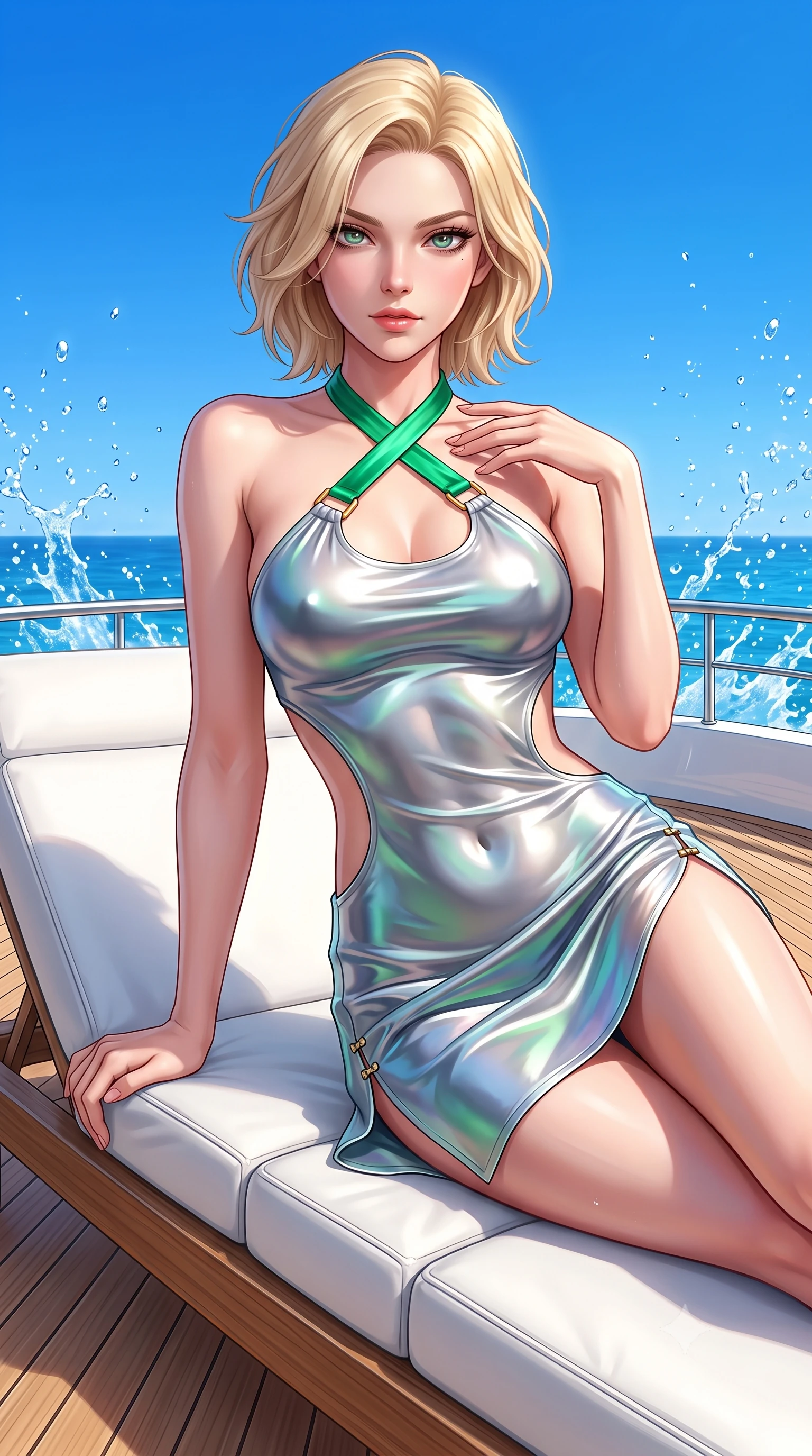score_9, masterpiece, best quality, ultra-detailed, high-budget anime keyframe, semi-realistic 3D game render, editorial fashion photography, tasteful artistic composition, Caucasian woman. close-up cowboy shot from the waist and thighs up, the character dominates the composition, filling the frame with her large presence. leaning forward with a dangerous, enticing smolder, resting one hand near her collarbone while casting a fiery, magnetic direct gaze while lounging seductively across a custom white leather sunbed on the teak deck of a luxury yacht under brilliant sun. The surrounding environment is rendered in vivid detail and crisp panoramic clarity. sharp splashing sea spray droplets, white leather sunbed seams, and cloudless sky in high clarity. She has an exceptionally elegant, slender, and willowy female figure with an ultra-slim waist, a gracefully sculpted slender torso, toned flat midriff, and a refined slim silhouette. sharp v-shaped jawline, high-bridge nose, intricate jewel-like eyes with depth, thick eyelashes, glossy lips with a natural sheen, flawlessly proportioned anatomical accuracy, strict slender model proportions, natural body alignment, perfectly sculpted long slender limbs, ultra-slim waistline, clean dynamic posture without body distortion. wearing a molten silver liquid-metal mini dress featuring deep side-waist cutouts and a daring crossover halter neckline in bright emerald green satin and gold hardware, made of smooth iridescent silk chiffon that shifts colors with movement, finished with an ultra-high side slit secured by miniature magnetic clasps, the form-contouring material adhering flawlessly to her sculpted flat midriff and slender torso, emphasizing her long leg lines and perfectly proportioned willowy build. surrounded by an exclusive, sun-drenched, and unapologetically glamorous superyacht luxury aura. highly saturated vibrant anime colors, detailed shading with soft gradients, rich glossy textures, high-contrast stereoscopic depth, volumetric dynamic lighting, master piece, 9:16 ratio