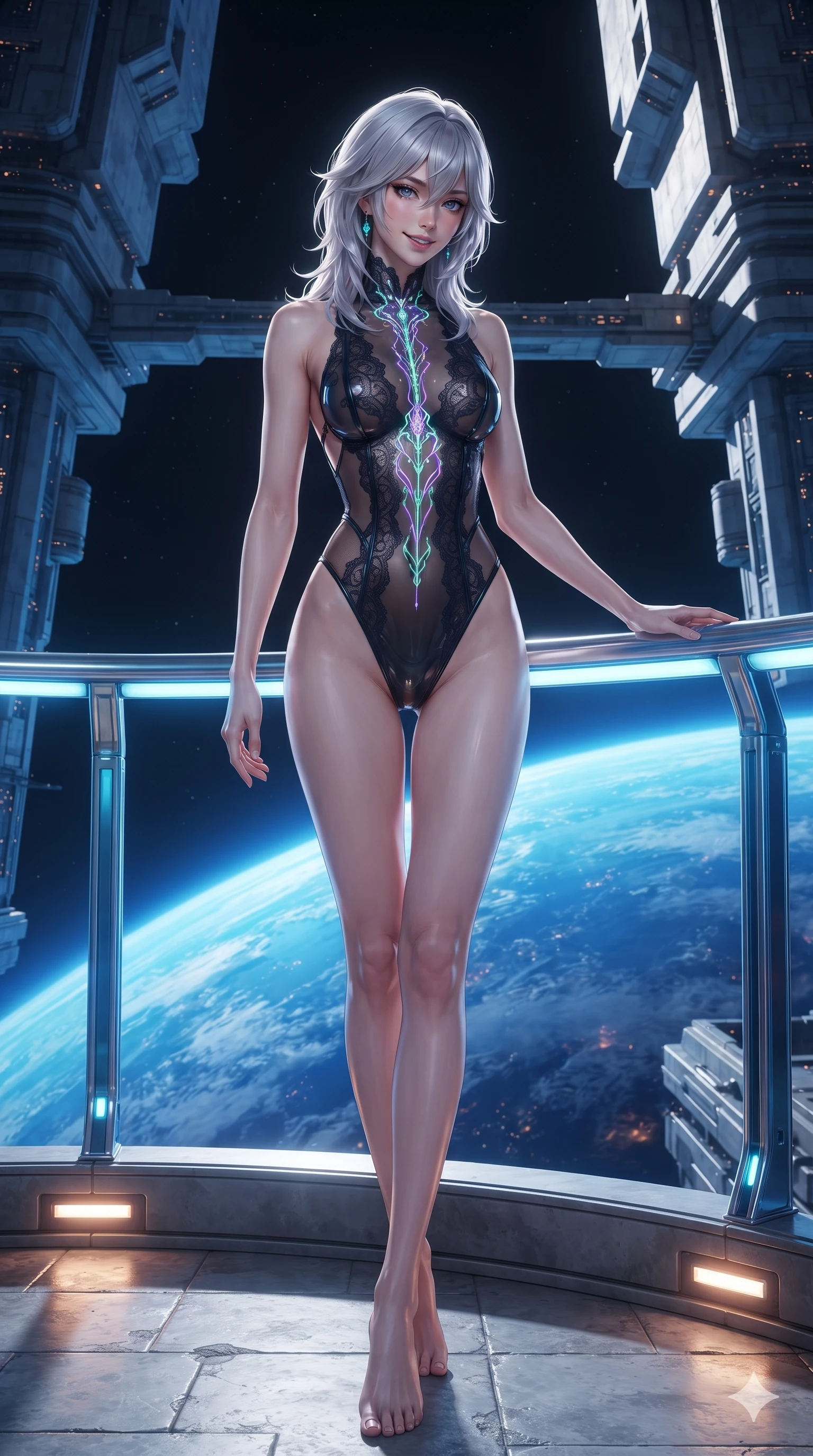 score_9, masterpiece, best quality, ultra-detailed, high-budget anime keyframe, editorial fashion photography, tasteful artistic composition, Japanese woman. low angle full-body shot from head to toe showing her feet, filling the entire 9:16 vertical frame with her statuesque presence, stretching her vertical silhouette. standing in a tall, confident posture with one hand on a glowing metal railing, stretching her statuesque body as she arches her lower back to emphasize her sculpted feminine hips and slender waist while standing poised on the semicircular orbital balcony cantilevered over open space, arching her spine with ethereal siren poise as the curved blue planetary horizon shines below. The surrounding environment is rendered in vivid detail and crisp panoramic clarity: detailed cybernetic combat bodysuit, sheer nanotech mesh panels, and monumental orbital architecture in razor-sharp clarity. She has an absolutely perfect, statuesque 8.5-heads proportion, an exceptionally tall and slender model-like female figure with impossibly long slender legs, an ultra-slim waist, a flat toned midriff, narrow delicate ribcage, and beautifully sculpted feminine hips creating a graceful, slim hourglass silhouette without any bulky heaviness. sharp v-shaped jawline, high-bridge nose, intricate jewel-like sparkling eyes with depth, thick eyelashes, glossy parted lips with a natural sheen, bright confident smile with an enchanting and coquettish sensual glint, exuding both youthful magnetic charm and sovereign high-tech allure, flawlessly proportioned anatomical accuracy, strict slender model proportions, natural body alignment, perfectly sculpted long slender limbs, ultra-slim waistline, clean dynamic posture without body distortion. wearing an alluring backless sheer lace leotard with high-cut leg openings and delicate fiber-optic embroidery framing her spine in phosphorescent ultraviolet amethyst and mint green, tailored from ultra-reflective glossy liquid vinyl with mirror-like specular highlights, finished with polished chrome buckle hardware and modular magnetic holster clasps, the glove-like clinging cut tightly following the natural contour of her hips and long slender legs with youthful 8.5-heads elegance. bathed in the glorious, unpolluted sapphire and turquoise radiance of the illuminated planet below mixed with subtle warm balcony accent lights. ultra-reflective glossy finish, specular highlights, rich textural contrasts, high-contrast stereoscopic depth, volumetric dynamic lighting, 2k, ultra detail, master piece, 9:16 ratio