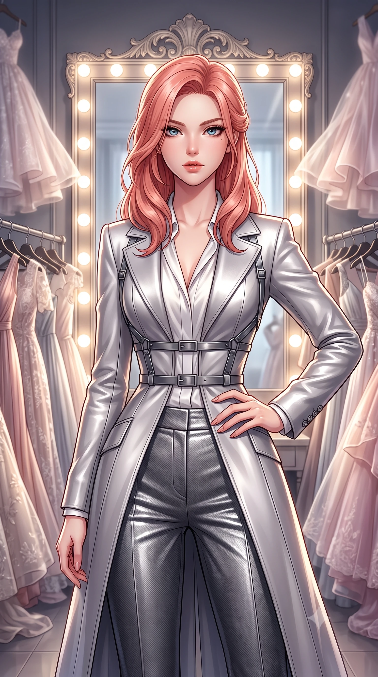 score_9, masterpiece, best quality, ultra-detailed, high-budget anime keyframe, editorial fashion photography, tasteful artistic composition, Japanese woman. close-up cowboy shot from the waist and thighs up, the character dominates the composition, filling the frame with her large presence, background elements kept in soft focus. Holding a confident power pose with one hand on her hip, poised before a giant Hollywood mirror surrounded by racks of floating organza gowns, racks of high-fashion silk and lace gowns fading into soft background focus. She has an exceptionally elegant, slender, and willowy female figure with an ultra-slim waist, a gracefully sculpted slender torso, and a refined silhouette. sharp v-shaped jawline, high-bridge nose, intricate jewel-like eyes with depth, thick eyelashes, glossy lips with a natural sheen. wearing structured platinum leather long coat over white silk blouse and tailored slacks in metallic dark silver, made of matte carbon-fiber weave, highlighted by a gunmetal metallic harness structure, the fitted fabric emphasizing her ultra-slim waist. bathed in high-contrast studio spotlighting with crisp specular glints. highly saturated vibrant anime colors, detailed shading with soft gradients, rich glossy textures, high-contrast stereoscopic depth, volumetric dynamic lighting, master piece, 9:16 ratio