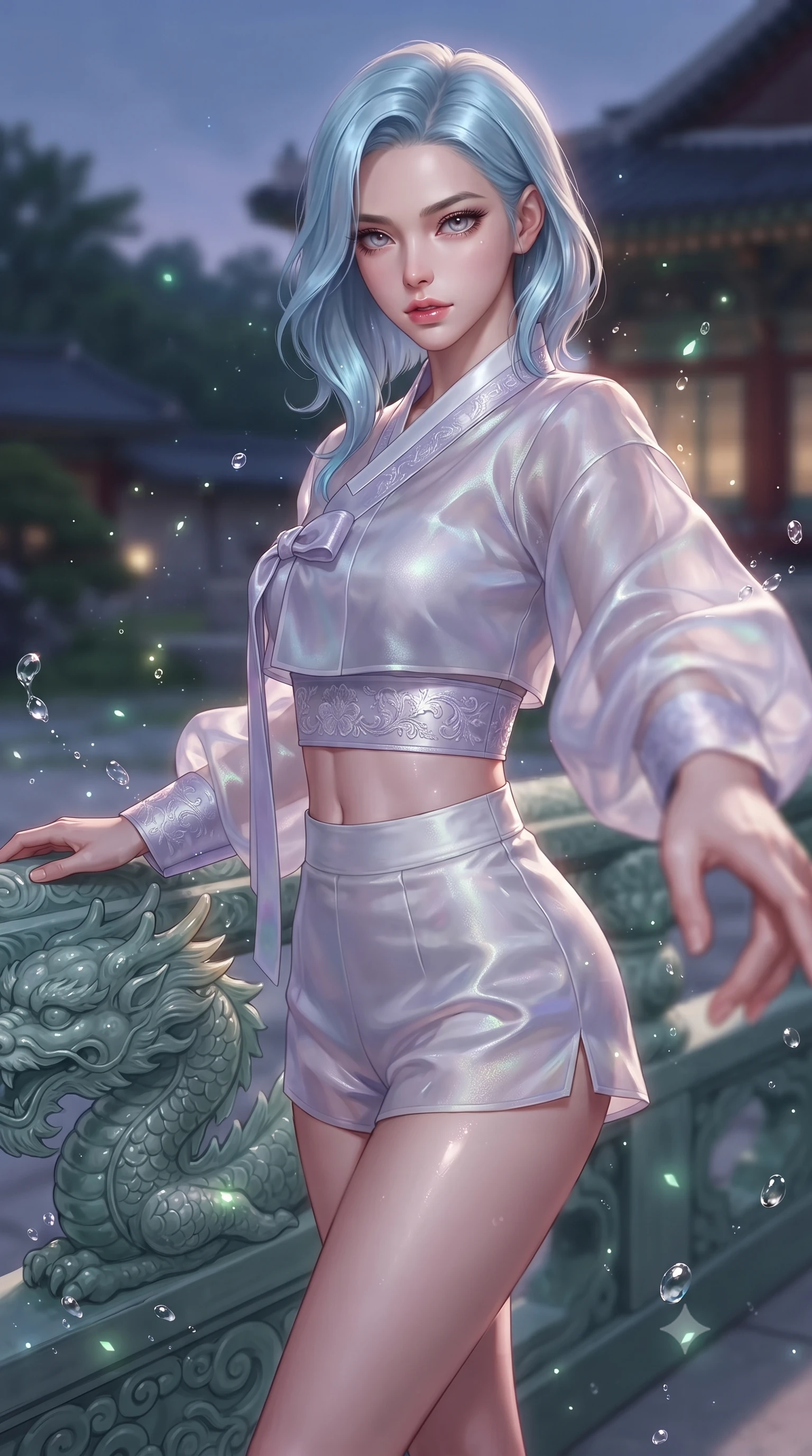 score_9, masterpiece, best quality, ultra-detailed, high-budget anime keyframe, editorial fashion photography, tasteful artistic composition, Korean woman. close-up cowboy shot from the waist and thighs up, the character dominates the composition, filling the frame with her large presence. extending one slender arm gracefully toward the foreground while casting an affectionate, mesmerizing glance while resting one hand on an ornate carved jade dragon railing, looking into the lens with a piercing, majestic gaze. The composition keeps background elements in soft focus with creamy bokeh. sparkling water droplets and glowing jade micro-particles scattering luminous light motes. She has an exceptionally elegant, slender, and willowy female figure with an ultra-slim waist, a gracefully sculpted slender torso, toned flat midriff, and a refined slim silhouette. sharp v-shaped jawline, high-bridge nose, intricate jewel-like eyes with depth, thick eyelashes, glossy lips with a natural sheen, captivating and magnetic expression, flawlessly proportioned anatomical accuracy, strict slender model proportions, natural body alignment, perfectly sculpted long slender limbs, ultra-slim waistline, clean dynamic posture without body distortion. wearing a modern shortened cyber-hanbok crop top with wide billowing sleeves and high-waist silk shorts in ethereal lilac mist and pearlescent white, made of semi-translucent iridescent organza shifting between silver and violet, finished with a wide embroidered waist band emphasizing her slender midriff, the form-contouring material adhering flawlessly to her sculpted flat midriff and slender torso, emphasizing her long leg lines and perfectly proportioned willowy build. illuminated by wet reflective highlights defining her sculpted neck, waistline, and slender legs. ultra-reflective glossy finish, specular highlights, rich textural contrasts, high-contrast stereoscopic depth, volumetric dynamic lighting, 2k, ultra detail, master piece, 9:16 ratio