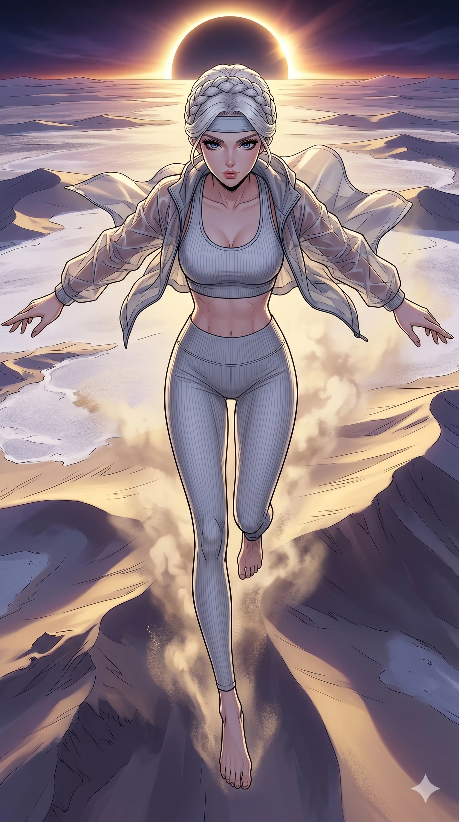 score_9, masterpiece, best quality, ultra-detailed, high-budget anime movie keyframe, cinematic anime lighting, intricate line art, Japanese woman. Extreme high angle shot as she leaps towards the camera, filling the frame. sprinting towards a solar eclipse in a desert of white sand. She has an absolutely perfect 8-heads proportion, an exceptionally tall and slender female figure with an ultra-slim waist and impossibly long slender legs. strictly human anatomy, two legs only, no extra limbs, clearly defined legs and arms, perfect anatomy, perfect hands and fingers. sharp v-shaped jawline, high-bridge nose, intricate jewel-like eyes, thick eyelashes, glossy lips. Wearing Premium Athleisure: Ribbed sports bra and leggings set, sheer windbreaker, and sleek high-performance activewear. The scene is illuminated by dramatic atmospheric lighting and vibrant color palettes. , 2k, ultra detail, master piece, 9:16 ratio