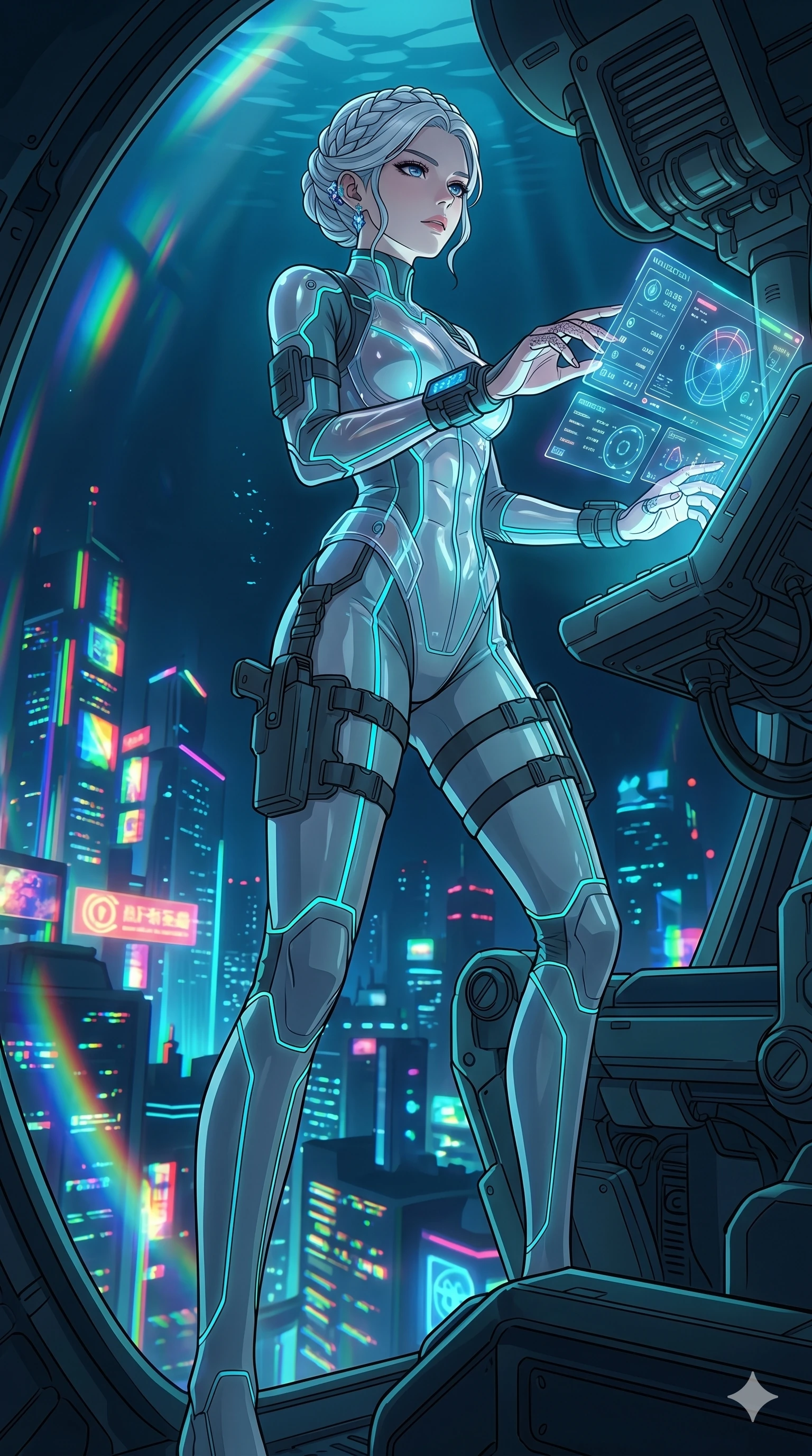 score_9, masterpiece, best quality, ultra-detailed, high-budget anime movie keyframe, cinematic anime lighting, intricate line art, Japanese woman. Dynamic full-body shot stretching the vertical silhouette with extreme perspective. piloting a underwater submersible through a submerged neon city. She has an absolutely perfect 8-heads proportion, an exceptionally tall and slender female figure with an ultra-slim waist and impossibly long slender legs. strictly human anatomy, two legs only, no extra limbs, clearly defined legs and arms, perfect anatomy, perfect hands and fingers. sharp v-shaped jawline, high-bridge nose, intricate jewel-like eyes, thick eyelashes, glossy lips. Wearing Tech-Fantasy: Cybernetic tech-suit with glowing seams, translucent PVC over leotard, and modular tactical gear. The scene is illuminated by dramatic atmospheric lighting and vibrant color palettes. , 2k, ultra detail, master piece, 9:16 ratio