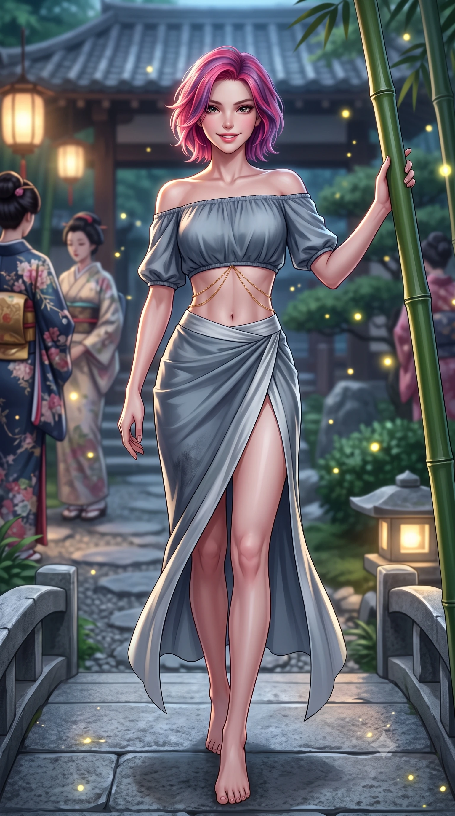 score_9, masterpiece, best quality, ultra-detailed, high-budget anime keyframe, semi-realistic 3D game render, editorial fashion photography, tasteful artistic composition, Caucasian woman. low angle full-body shot from head to toe showing her feet, filling the entire 9:16 vertical frame with her statuesque presence, stretching her vertical silhouette. stepping forward gracefully across the stone bridge in mid-motion with a radiant beaming smile, hips swaying in an alluring kinetic rhythm that accentuates her curvy hourglass silhouette and long slender legs while leaning against a smooth green bamboo stalk with hips cocked back, casting an enchanting, mysterious bedroom-gaze through drifting golden fireflies. The surrounding environment is rendered in vivid detail and crisp panoramic clarity: detailed silk kimono weave, lantern specular glints on hair, and traditional Japanese garden craftsmanship in high resolution. She has an absolutely perfect, statuesque 8.5-heads proportion, an exceptionally tall and slender model-like female figure with impossibly long slender legs, an ultra-slim waist, a flat toned midriff, narrow delicate ribcage, and beautifully sculpted feminine hips creating a graceful, slim hourglass silhouette without any bulky heaviness. sharp v-shaped jawline, high-bridge nose, intricate jewel-like dark sparkling almond eyes with depth, thick lashes, glossy parted lips with a natural rose-plum sheen, bright alluring and coquettish smile with bedroom-eyes, exuding both timeless oriental elegance and sovereign high-fashion allure, flawlessly proportioned anatomical accuracy, strict slender model proportions, natural body alignment, perfectly sculpted long slender limbs, ultra-slim waistline, clean dynamic posture without body distortion. wearing a modern two-piece fusion set with an off-shoulder crop blouse and high-slit wrap skirt tracing her curvaceous hips in misty ink-wash slate grey and liquid silver, tailored from fine crisp cotton-linen with clean structural lines, accented with a delicate gold body chain draping loosely across her flat midriff, the high-waisted wrap tailoring accentuating her ultra-slim waistline and the enchanting curve of her feminine hips with alluring oriental charm. illuminated by ground stone lantern bounce and sharp silver rim lights carving her sculpted collarbones, ultra-slim waist, and curvy hips. highly saturated vibrant anime colors, detailed shading with soft gradients, rich glossy textures, high-contrast stereoscopic depth, volumetric dynamic lighting, master piece, 9:16 ratio