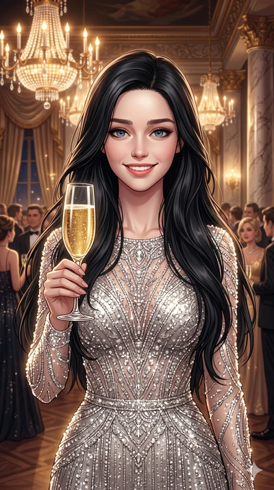 score_9, score_8_up, score_7_up, source_anime, masterpiece, best quality, ultra-detailed, same character with long flowing black hair, wearing a dazzling sparkling silver evening gown, upper body close-up from thigh up filling the screen, holding a c