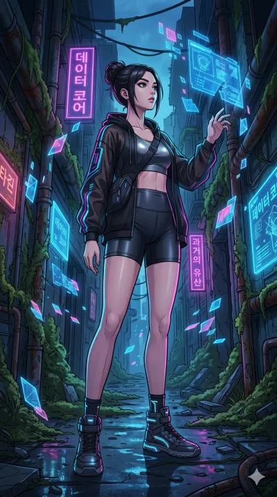 score_9, masterpiece, best quality, ultra-detailed, high-budget anime movie keyframe, cinematic anime lighting, intricate line art, Korean anime girl. Low angle cowboy shot filling the entire 9:16 frame with her statuesque presence. exploring lost ru