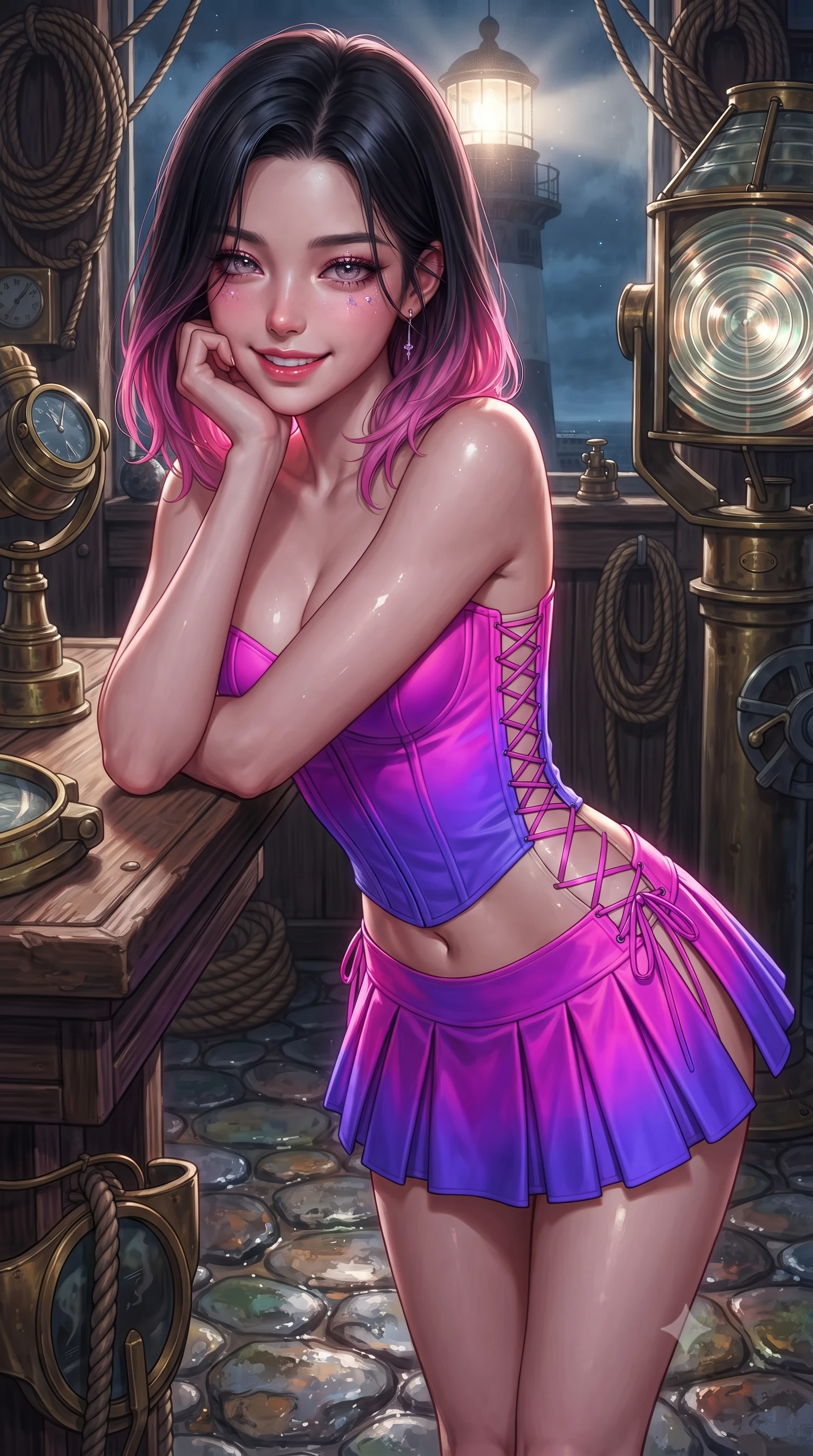 score_9, masterpiece, best quality, ultra-detailed, high-budget anime keyframe, editorial fashion photography, tasteful artistic composition, Korean woman. close-up cowboy shot from the waist and thighs up, the character dominates the composition, filling the frame with her large presence. resting one elbow on the table and supporting her chin, leaning close to the camera with heavy-lidded sparkling eyes and parted lips while twisting her slender torso in an alluring contrapposto stance, sweeping lighthouse beacon light casting dramatic flashes across her flat midriff. The surrounding environment is rendered in vivid detail and crisp panoramic clarity: detailed garment cut, tailored or sheer accents, and maritime engineering in high resolution. She has an exceptionally elegant, slender, and willowy female figure with an ultra-slim waist, flat toned midriff, narrow ribcage, and sculpted feminine hips creating an alluring, slim hourglass silhouette without bulk. sharp v-shaped jawline, high-bridge nose, intricate jewel-like sparkling eyes with depth, thick eyelashes, glossy parted lips with a natural peach sheen, bright cheerful beaming smile with an enchanting and coquettish sensual glint, exuding both youthful cute charm and seductive allure, flawlessly proportioned anatomical accuracy, strict slender model proportions, natural body alignment, perfectly sculpted long slender limbs, ultra-slim waistline, clean dynamic posture without body distortion. wearing a structured boned corset top paired with an ultra-short low-rise pleated micro mini skirt in Supertree bioluminescent magenta and electric violet, made of fluid liquid jersey with seamless sculpting hold and smooth contours, featuring fine criss-cross lace-up side ties revealing tantalizing glimpses of her hip curve, the glove-like clinging cut tightly following the natural contour of her hips and long slender legs with youthful 8.5-heads elegance. illuminated by wet rock specular reflections and sharp rose-platinum rim lights defining her dewy collarbones, ultra-slim waist, and curvy hips. ultra-reflective glossy finish, specular highlights, rich textural contrasts, high-contrast stereoscopic depth, volumetric dynamic lighting, 2k, ultra detail, master piece, 9:16 ratio