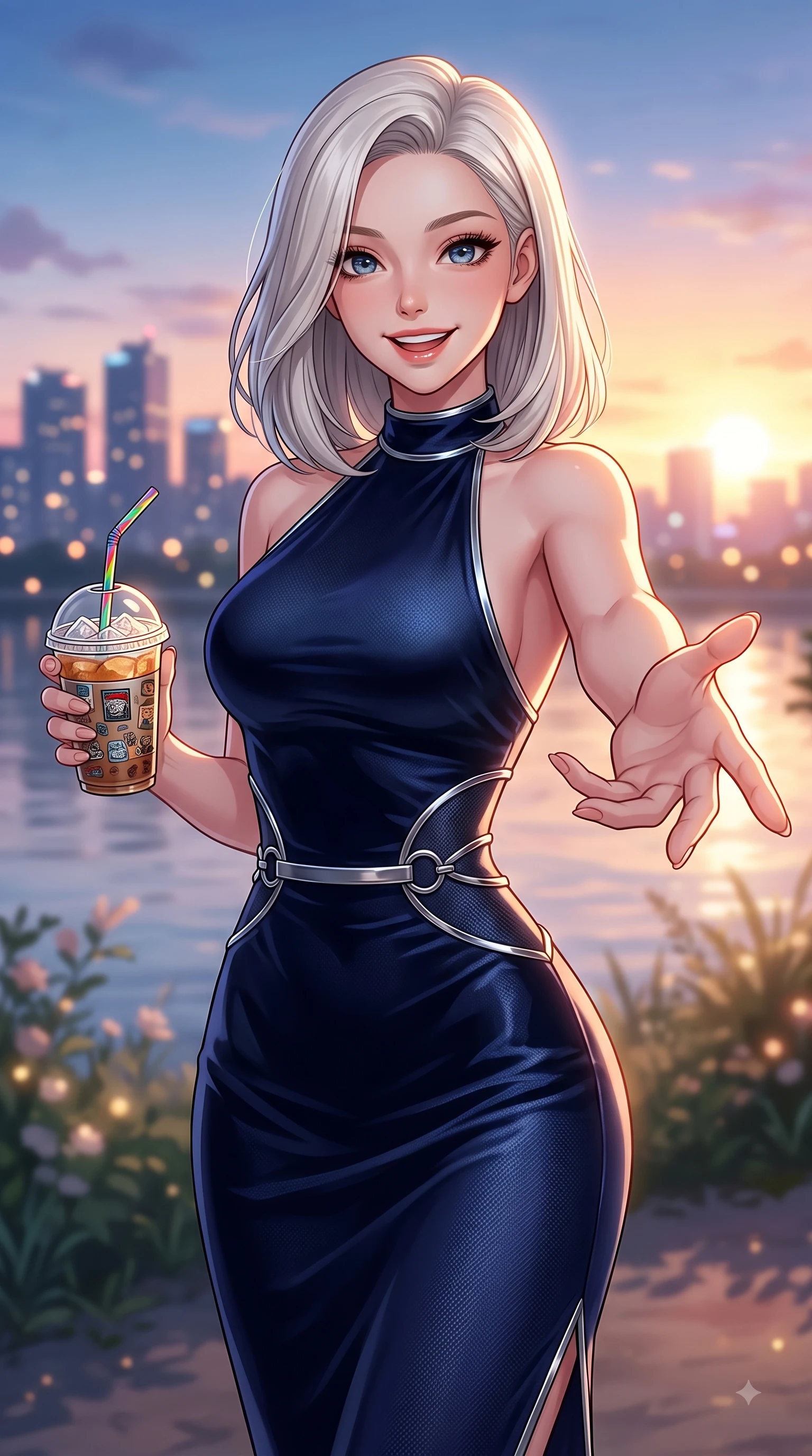 score_9, masterpiece, best quality, ultra-detailed, high-budget anime keyframe, editorial fashion photography, tasteful artistic composition, Caucasian woman. close-up cowboy shot from the waist and thighs up, the character dominates the composition, filling the frame with her large presence, background elements kept in soft focus. Youthful bright smile exuding pure cute charm and fresh energy, her torso turning dynamically into the lens while reaching one hand out toward the camera with a joyful cute grin, holding a straw drink, city skyline silhouettes twinkling softly in the warm sunset glow. She has an exceptionally elegant, slender, and willowy female figure with an ultra-slim waist, a gracefully sculpted slender torso, and a refined silhouette. sharp v-shaped jawline, high-bridge nose, intricate jewel-like eyes with depth, thick eyelashes, glossy lips with a natural sheen, flawlessly proportioned anatomical accuracy, natural body alignment, perfectly sculpted elegant limbs, clean dynamic posture without body distortion. wearing a velvet halter-neck midi dress following her form like a glove in midnight navy blue and chrome trim, made of fine carbon-fiber weave and soft matte leather, accented with delicate chrome ring hardware framing her waist, the tailored fabric tightly following every curve of her athletic build. surrounded by a serene, uplifting, and romantic riverside park ambiance. highly saturated vibrant anime colors, detailed shading with soft gradients, rich glossy textures, high-contrast stereoscopic depth, volumetric dynamic lighting, master piece, 9:16 ratio