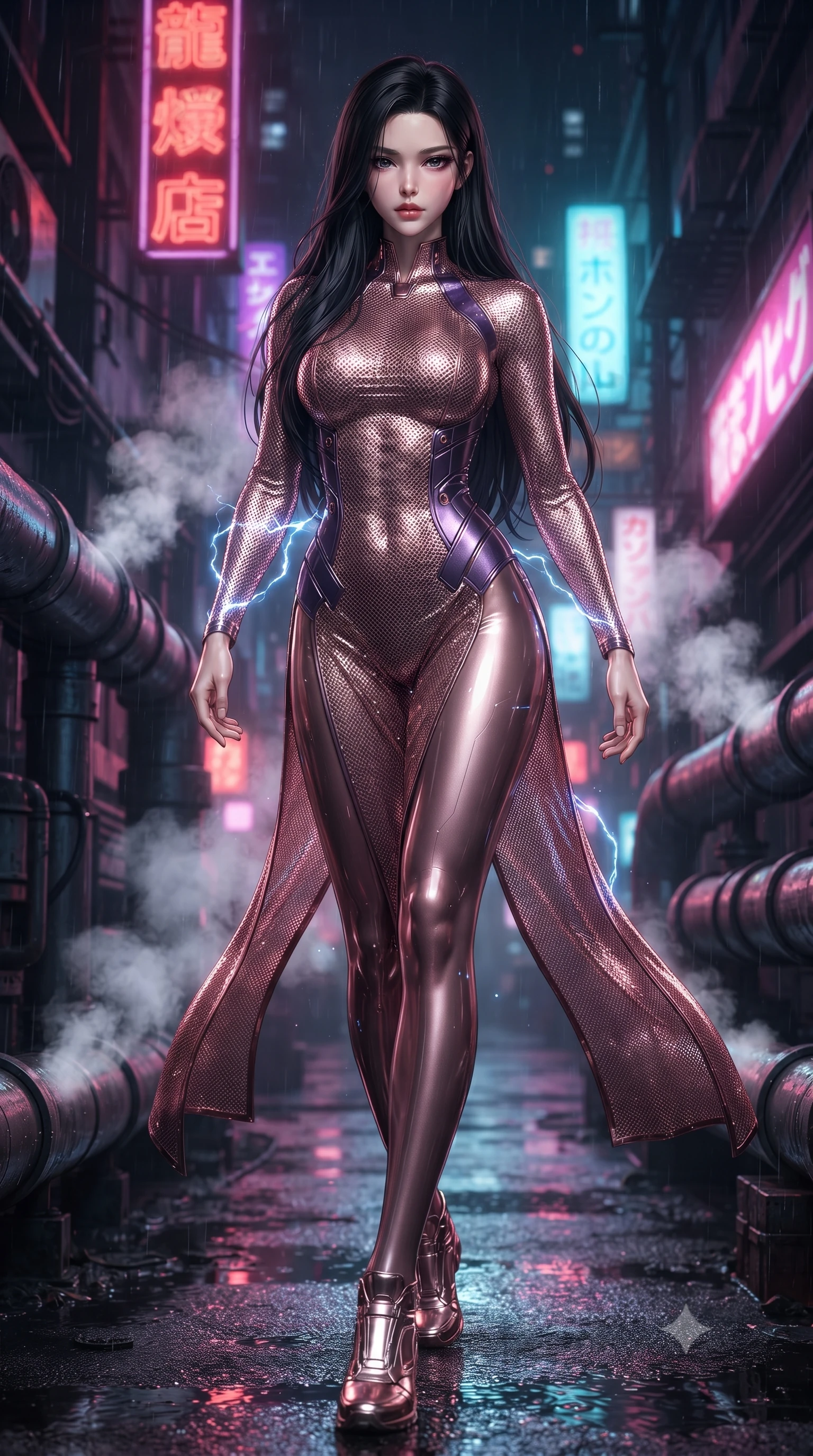 score_9, masterpiece, best quality, ultra-detailed, high-budget anime keyframe, editorial fashion photography, tasteful artistic composition, Korean woman. low angle full-body shot from head to toe showing her feet, filling the entire 9:16 vertical frame with her statuesque presence, stretching her vertical silhouette. striding forward with sovereign warrior elegance in a low, predatory combat advance, hips swaying with fierce athletic poise from head to toe while arching her spine in a fluid S-curve martial roll between steam pipes as blue electricity illuminates her sleek silhouette. The composition keeps background elements in soft focus with creamy bokeh. flickering neon sign kanji and rain puddles blurred into dazzling crimson, violet, and electric cyan bokeh. She has an absolutely perfect, statuesque 8.5-heads proportion, an exceptionally tall and slender model-like female figure with impossibly long slender legs, a toned flat midriff, and an ultra-slim waist. sharp v-shaped jawline, high-bridge nose, intricate jewel-like eyes with depth, thick eyelashes, glossy lips with a natural sheen, flawlessly proportioned anatomical accuracy, strict slender model proportions, natural body alignment, perfectly sculpted long slender limbs, ultra-slim waistline, clean dynamic posture without body distortion. wearing a form-fitting luminous rose-gold carbon combat gown with tactical high leg slits and flexible kinetic knee articulation in royal purple carbon fiber with rose-gold hardware and clasps, tailored from flexible second-skin carbon-mesh that clings flawlessly to her athletic curves, finished with high-mobility flexible limb seams and miniature magnetic armor locks, the form-contouring material adhering flawlessly to her sculpted flat midriff and slender torso, emphasizing her long leg lines and perfectly proportioned willowy build. illuminated by wet reflective highlights tracing her sculpted flat midriff, waist, and long legs. ultra-reflective glossy finish, specular highlights, dark metallic sheen, high-contrast stereoscopic depth, volumetric dynamic lighting, 2k, ultra detail, master piece, 9:16 ratio