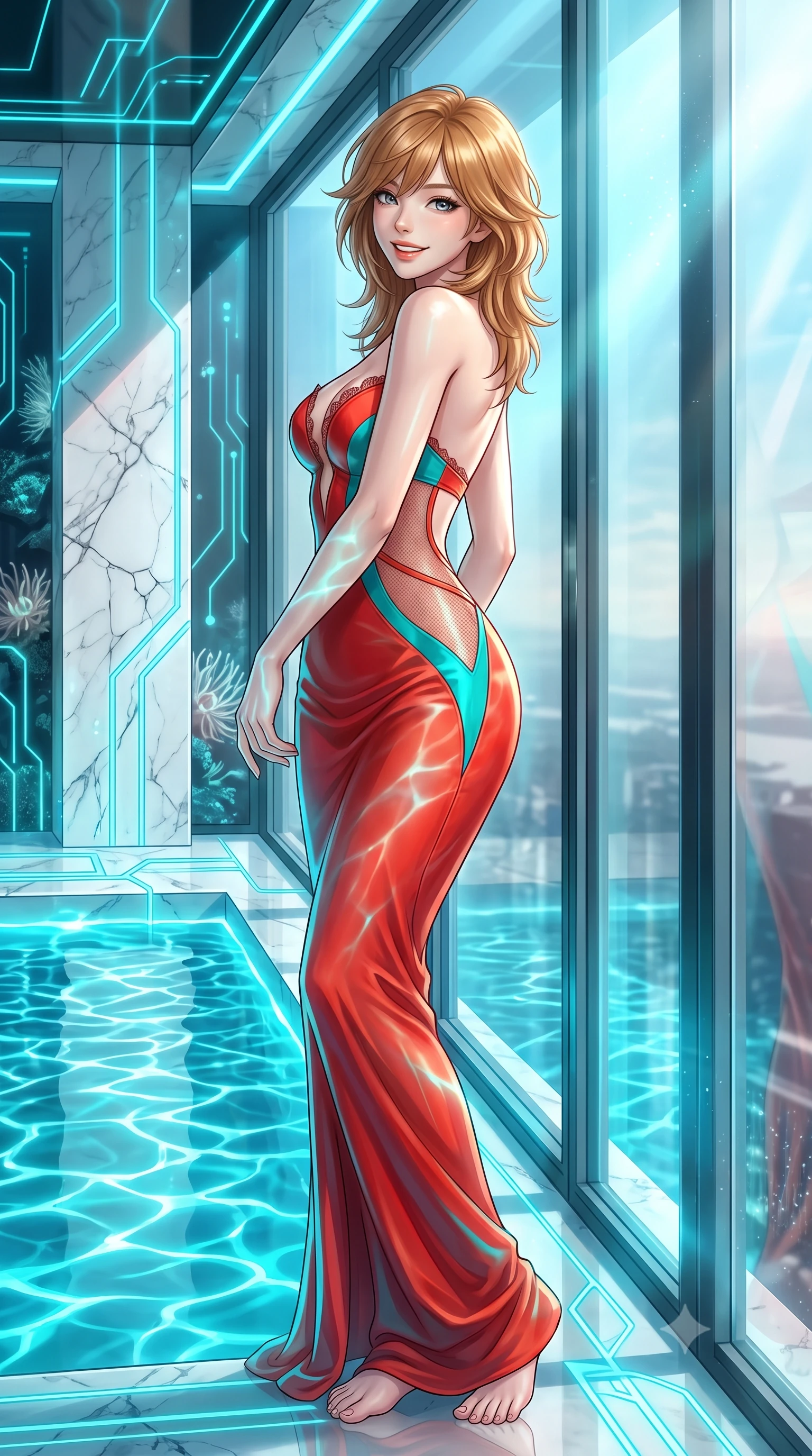 score_9, masterpiece, best quality, ultra-detailed, high-budget anime keyframe, editorial fashion photography, tasteful artistic composition, Korean woman. low angle full-body shot from head to toe showing her feet, filling the entire 9:16 vertical frame with her statuesque presence, stretching her vertical silhouette. posing in a classic haute-couture S-curve stance beside the floor-to-ceiling window, looking over a bare shoulder with magnetic presence while twisting her slender torso in an alluring S-curve beside the submerged holographic reflecting pool, pulsating cyan light waves caressing her flat midriff and hips. The surrounding environment is rendered in vivid detail and crisp panoramic clarity: sharp white Carrara marble fractures, pulsing cyan holographic circuitry lines, and delicate sea anemone textures in deep focus. She has an exceptionally tall and slender model-like 8.5-heads proportion, an ultra-slim waist, a flat toned midriff, narrow delicate ribcage, and beautifully sculpted feminine hips creating a graceful, slim hourglass silhouette without any bulky heaviness, with impossibly long slender legs. sharp v-shaped jawline, high-bridge nose, intricate jewel-like sparkling eyes with depth, thick eyelashes, glossy parted lips with a natural peach sheen, bright cheerful beaming smile with an enchanting and coquettish sensual glint, exuding both youthful cute charm and seductive allure, flawlessly proportioned anatomical accuracy, strict slender model proportions, natural body alignment, perfectly sculpted long slender limbs, ultra-slim waistline, clean dynamic posture without body distortion. wearing an alluring plunging sweetheart bodice dress with sheer mesh side-waist cutouts contouring her ribs in cyber-shinto vermilion and electric teal, made of fluid liquid jersey with seamless sculpting hold and smooth contours, finished with scalloped eyelash lace trim framing her sweetheart neckline with intimate elegance, the precision-cut side openings and low-back scoop framing her graceful spine and the sensual sweep of her slim, toned hips. bathed in brilliant underwater cyan caustic ribbons and pulsing hard-light holographic projections. ultra-reflective glossy finish, specular highlights, rich textural contrasts, high-contrast stereoscopic depth, volumetric dynamic lighting, 2k, ultra detail, master piece, 9:16 ratio