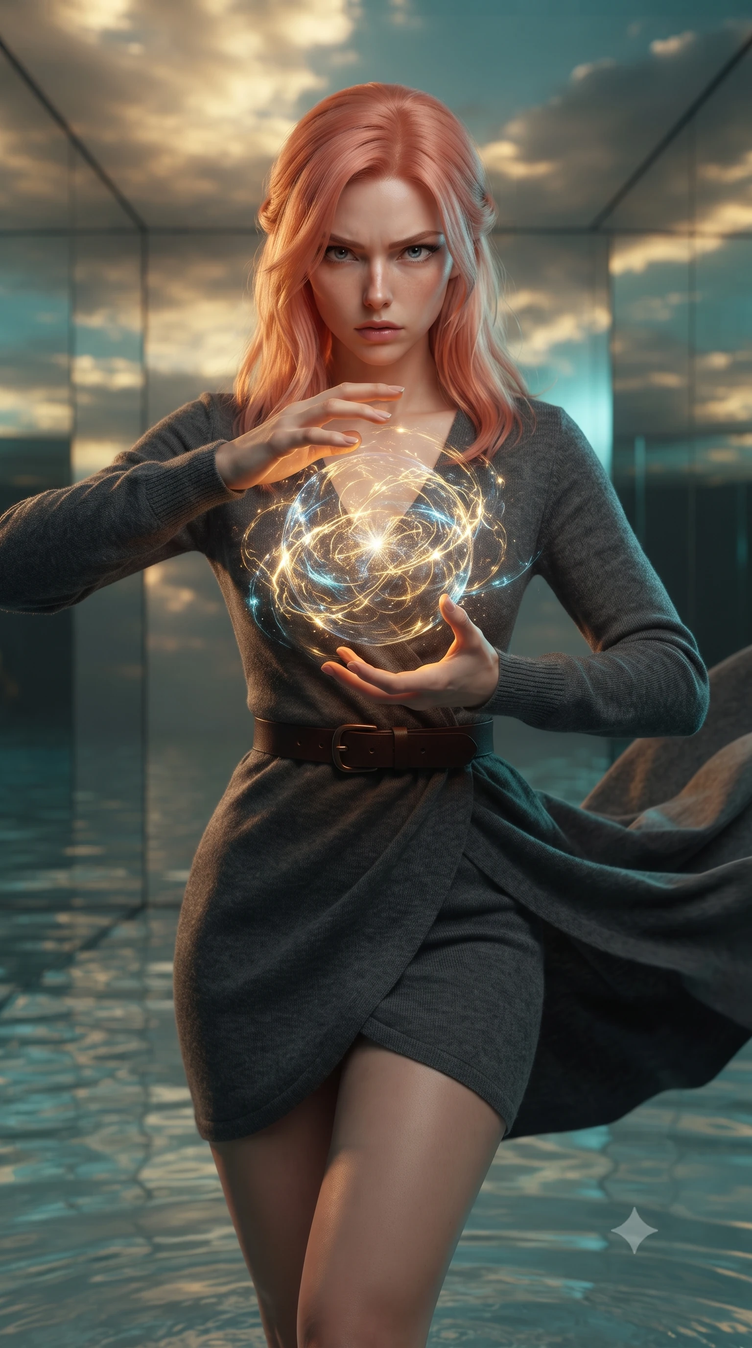 score_9, masterpiece, best quality, ultra-detailed, high-budget anime keyframe, editorial fashion photography, tasteful artistic composition, realistic cosplay photography, Japanese woman. close-up cowboy shot from the waist and thighs up, the character dominates the composition, filling the frame with her large presence, background elements kept in soft focus. Channelling a swirling orb of energy between her hands with an intense focused gaze. set against a soft-focus background of a hall where the floor is water and walls are mirrors, reflecting a sky filled with gold-threaded clouds. She has an exceptionally elegant and slender, willowy female figure with an ultra-slim waist, a gracefully sculpted slender torso, and a refined slim physique. sharp v-shaped jawline, high-bridge nose, intricate jewel-like eyes with depth, thick eyelashes, glossy lips with a natural sheen. wearing the lightweight fabric rippling and billowing dramatically with her movement, a body-hugging charcoal grey wrap-style knit dress in wool, cinched with a dark brown leather belt. warm amber rim lighting combined with cool teal fill light creating dramatic contrast. ultra-reflective glossy finish, specular highlights, metallic sheen, high-contrast stereoscopic depth, volumetric dynamic lighting, 2k, ultra detail, master piece, 9:16 ratio
