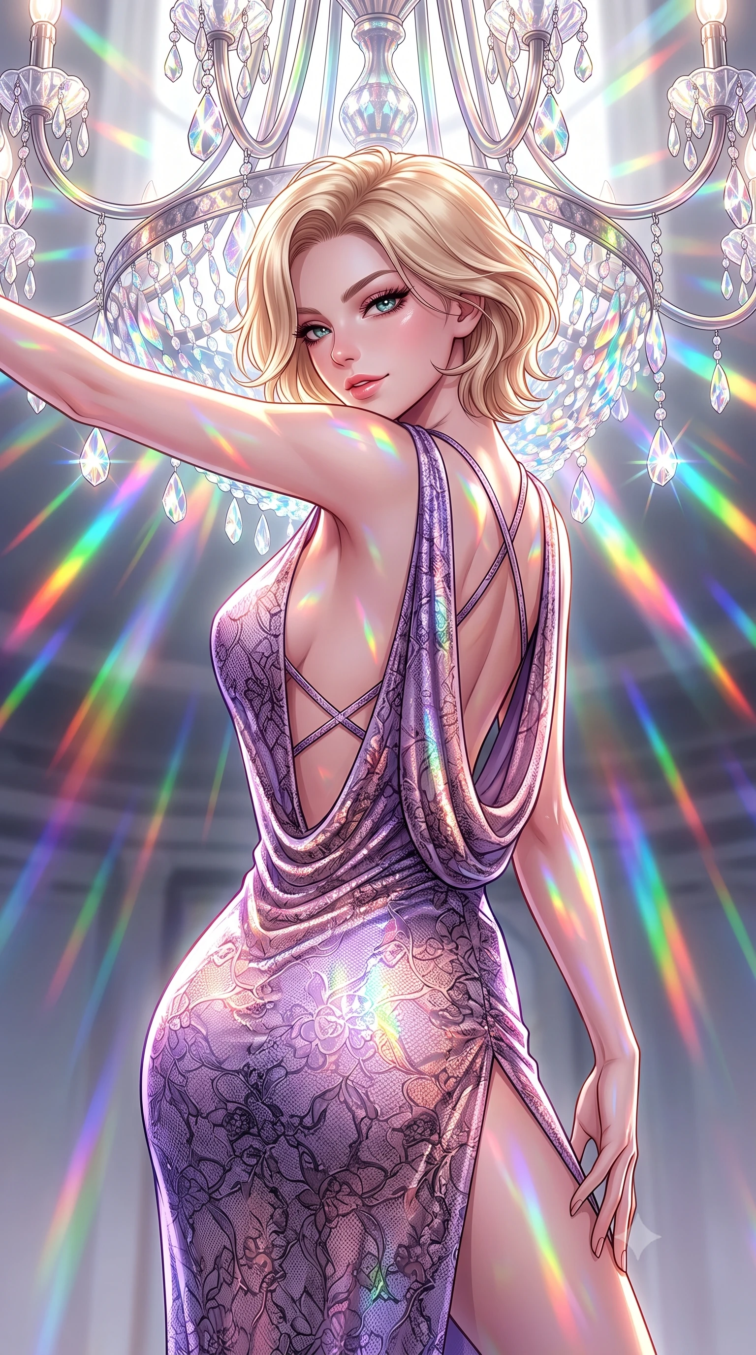 score_9, masterpiece, best quality, ultra-detailed, high-budget anime keyframe, semi-realistic 3D game render, editorial fashion photography, tasteful artistic composition, Caucasian woman. close-up cowboy shot from the waist and thighs up, the character dominates the composition, filling the frame with her large presence. stretching forward with an alluring arch of her spine, glancing over her shoulder with thick eyelashes and a smoldering half-smile while pausing beneath a crystal chandelier refracting sunlight into dazzling rainbow rays across her skin. The surrounding environment is rendered in vivid detail and crisp panoramic clarity. vivid high-saturation spectrum colors and high-key white daylight rendered with environmental sharpness. She has an exceptionally elegant, slender, and willowy female figure with an ultra-slim waist, a gracefully sculpted slender torso, toned flat midriff, and a refined slim silhouette. sharp v-shaped jawline, high-bridge nose, intricate jewel-like eyes with depth, thick eyelashes, glossy lips with a natural sheen, flawlessly proportioned anatomical accuracy, strict slender model proportions, natural body alignment, perfectly sculpted long slender limbs, ultra-slim waistline, clean dynamic posture without body distortion. wearing a precision-fitted liquid jersey bodycon dress with a dramatic draped cowl back that swoops down to her waist and a high side slit in luminous lavender violet and rose gold, crafted from delicate dark lace interwoven with luminescent micro-fibers, complemented by criss-cross back straps highlighting her completely bare spine, the glove-like aerodynamic second-skin fit tightly clinging to her ultra-slender waist and athletic curves without adding bulk, accentuating her razor-sharp statuesque lines and slim hourglass silhouette. illuminated by high-contrast specular reflections on crystal and polished surfaces. highly saturated vibrant anime colors, detailed shading with soft gradients, rich glossy textures, high-contrast stereoscopic depth, volumetric dynamic lighting, master piece, 9:16 ratio