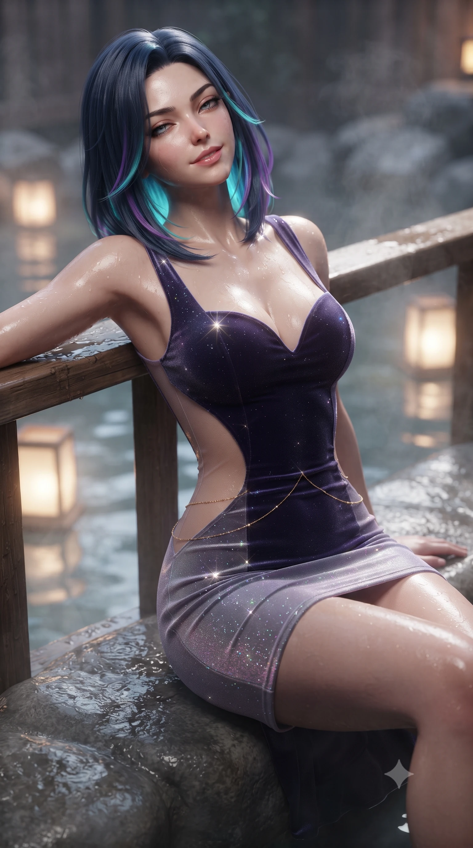 score_9, masterpiece, best quality, ultra-detailed, high-budget anime keyframe, editorial fashion photography, tasteful artistic composition, Caucasian woman. close-up cowboy shot from the waist and thighs up, the character dominates the composition, filling the frame with her large presence. leaning back against the balustrade with relaxed seductive grace, head tilted back slightly while casting a hypnotic, heavy-lidded gaze while sitting on the smooth volcanic rock rim of the steaming bath, arching her spine with breathtaking wet-look siren grace. The background shows a soft-focus submerged lantern glows softened in tranquil private bathhouse shallow focus. She has an exceptionally elegant, slender, and willowy female figure with an ultra-slim waist, flat toned midriff, narrow ribcage, and sculpted feminine hips creating an alluring, slim hourglass silhouette without bulk. sharp v-shaped jawline, high-bridge nose, sparkling eyes with hypnotic seductive depth, thick curled eyelashes, glossy parted lips with a natural dewy peach sheen, alluring bedroom-eyes with an enchanting coquettish smile, exuding magnetic siren charisma and sophisticated glamour, flawlessly proportioned anatomical accuracy, strict slender model proportions, natural body alignment, perfectly sculpted long slender limbs, ultra-slim waistline, clean dynamic posture without body distortion. wearing a deep sweetheart-neckline velvet bodycon dress with sheer side-torso cutouts accentuating her hourglass curves in iridescent mother-of-pearl and misty lavender, woven from stretch metallic lurex jersey casting radiant starlight glints across her silhouette, finished with a dainty gold belly chain resting across her flat midriff and curving hips, the form-contouring silhouette accentuating her sculpted flat midriff, narrow delicate ribcage, and gracefully curvy hips with intoxicating allure. illuminated by hot spring water caustics and sharp platinum rim lights sculpting her razor-sharp jawline, narrow waist, and curvy hips. ultra-reflective glossy finish, specular highlights, rich textural contrasts, high-contrast stereoscopic depth, volumetric dynamic lighting, 2k, ultra detail, master piece, 9:16 ratio