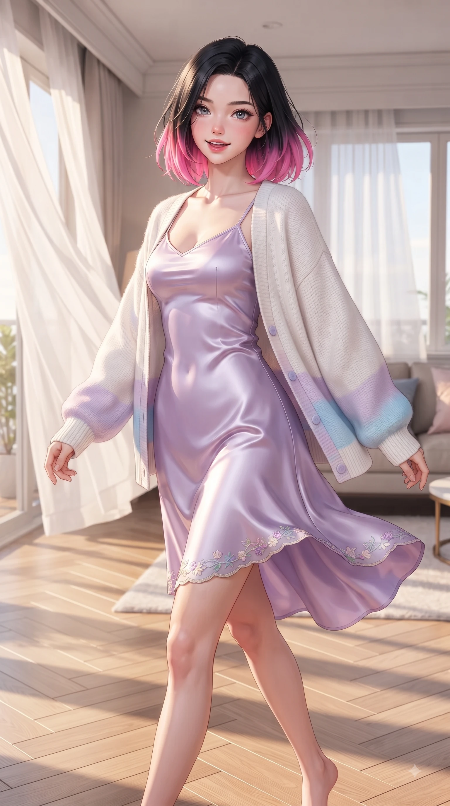 score_9, masterpiece, best quality, ultra-detailed, high-budget anime keyframe, editorial fashion photography, tasteful artistic composition, Korean woman. close-up cowboy shot from the waist and thighs up, the character dominates the composition, filling the frame with her large presence. Playful cute expression with a warm smile and parted lips, looking right into the camera with vibrant energy while stepping gracefully across a light oak floor as soft white curtains flutter in a gentle morning breeze. The surrounding environment is rendered in vivid detail and crisp panoramic clarity. crisp morning sunbeams streaming through sheer drapes into a beautifully detailed living room space. She has an exceptionally elegant, slender, and willowy female figure with an ultra-slim waist, a gracefully sculpted slender torso, and a refined silhouette. sharp v-shaped jawline, high-bridge nose, intricate jewel-like eyes with depth, thick eyelashes, glossy lips with a natural sheen, flawlessly proportioned anatomical accuracy, natural body alignment, perfectly sculpted elegant limbs, clean dynamic posture without body distortion. wearing a graceful lavender satin slip dress layered under a loose soft white knit cardigan in soft pastel lavender and sky blue, crafted from smooth fluid silk satin, complemented by delicate embroidered floral trim along the hem, the soft airy drape swaying gracefully with her dynamic movements. bathed in soft, warm morning sunlight streaming through sheer curtains. ultra-reflective glossy finish, specular highlights, metallic sheen, high-contrast stereoscopic depth, volumetric dynamic lighting, 2k, ultra detail, master piece, 9:16 ratio