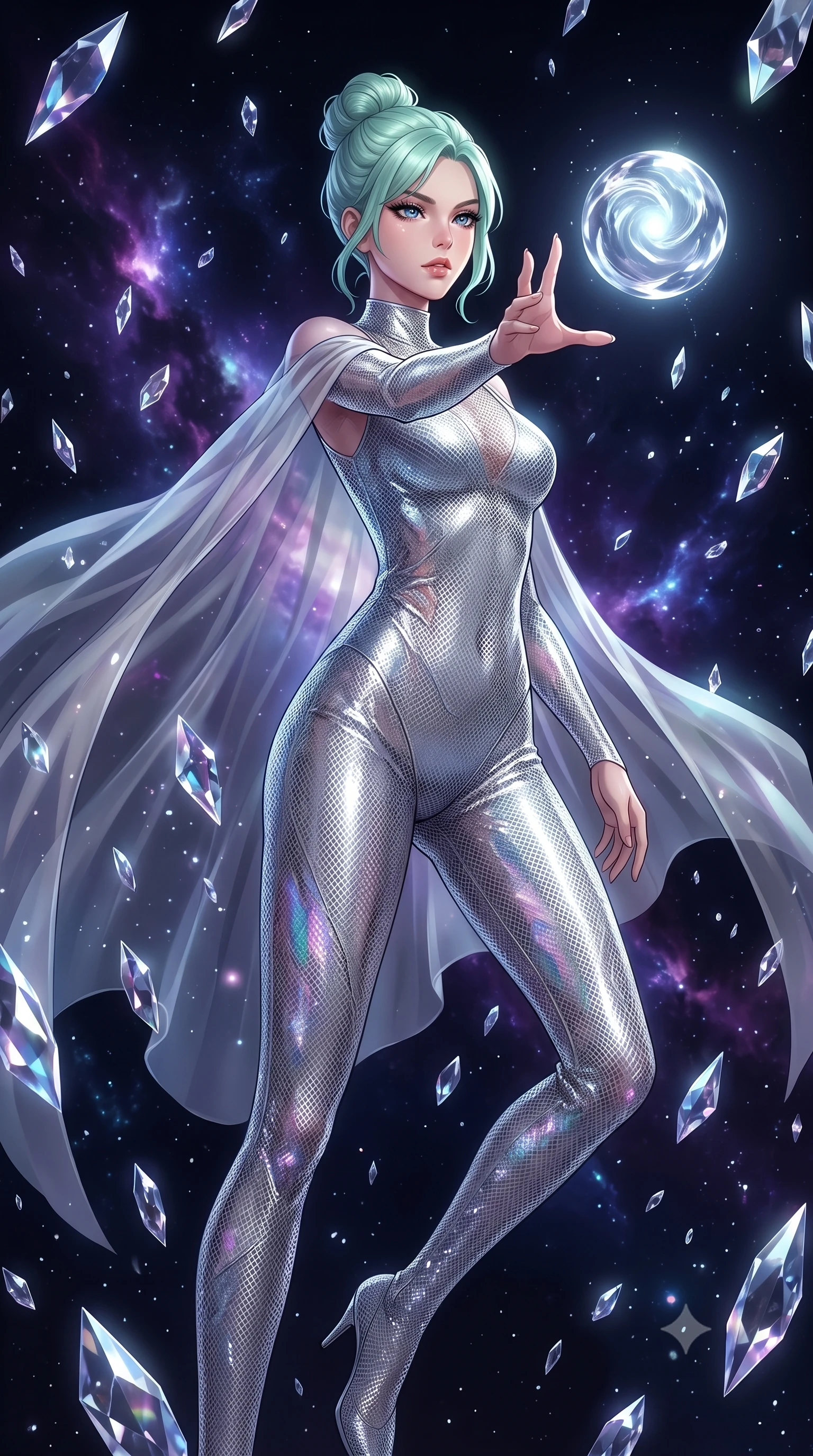 score_9, masterpiece, best quality, ultra-detailed, High-budget Anime Keyframe, East Asian woman. Low angle cowboy shot filling the entire 9:16 frame with her statuesque presence. Scenario 468: reaching out to catch a floating sphere of liquid light in a dark void filled with floating crystal shards reflecting purple nebulae. Her presence is magnetic and overpowering in this high-budget anime scene. Outfit 468: a slim-fit liquid silver micro-mesh lace catsuit draped with a semi-transparent chiffon cape. The clothing is designed to emphasize her exceptionally tall and slender 8-heads proportion. 8-heads proportion, towering silhouette, ultra-slim waist. sharp v-shaped jawline, intricate jewel-like eyes with depth, thick eyelashes, glossy lips. 2k, ultra detail, master piece, 9:16 ratio