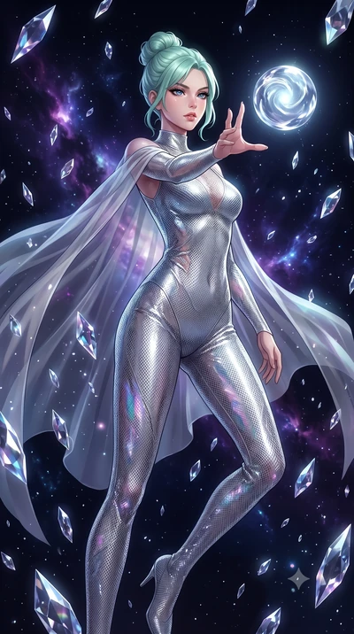 score_9, masterpiece, best quality, ultra-detailed, High-budget Anime Keyframe, East Asian woman. Low angle cowboy shot filling the entire 9:16 frame with her statuesque presence. Scenario 468: reaching out to catch a floating sphere of liquid light 