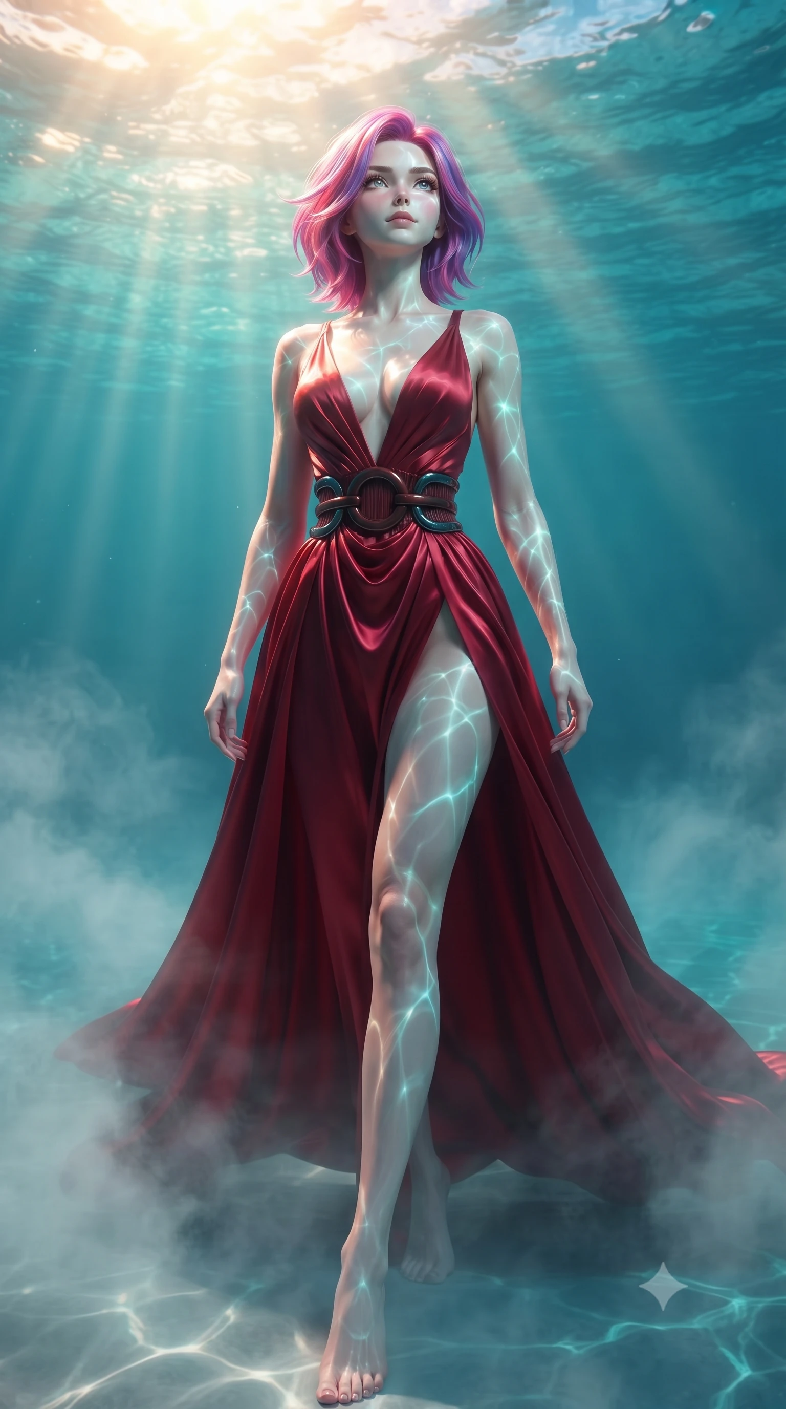 score_9, masterpiece, best quality, ultra-detailed, high-budget anime keyframe, editorial fashion photography, tasteful artistic composition, Caucasian woman. low angle full-body shot from head to toe showing her feet, filling the entire 9:16 vertical frame with her statuesque presence, stretching her vertical silhouette. forging confidently through the floating mist, holding a poised statuesque stance, looking up at the sunlit water surface with a calm, serene expression, golden sunbeams penetrating turquoise ocean water creating caustic light webs. She has an absolutely perfect, statuesque 8.5-heads proportion, an exceptionally tall and slender model-like female figure with impossibly long slender legs and an ultra-slim waist. sharp v-shaped jawline, high-bridge nose, intricate jewel-like eyes with depth, thick eyelashes, glossy lips with a natural sheen. wearing low-cut gothic structured bodice gown with high leg slit in dark mahogany, made of soft crimson satin, accented with sculpted obsidian chrome rings at the waist, sculpting her athletic slender build with refined precision. bathed in shimmering aqua reflections and warm top sunlight. ultra-reflective glossy finish, specular highlights, metallic sheen, high-contrast stereoscopic depth, volumetric dynamic lighting, 2k, ultra detail, master piece, 9:16 ratio