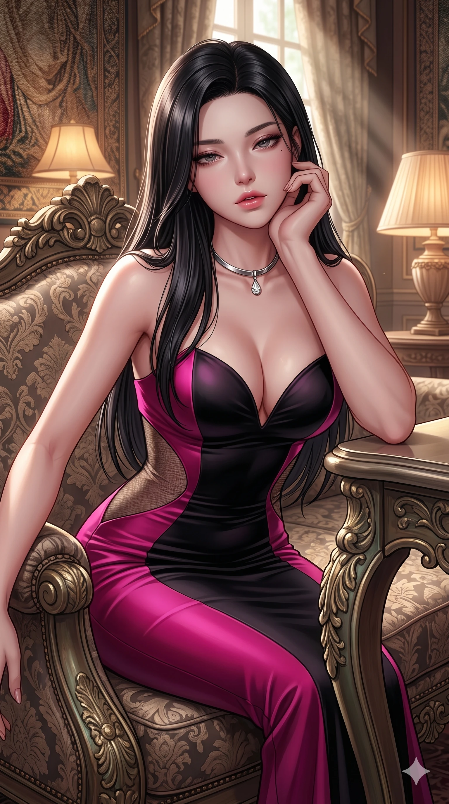 score_9, masterpiece, best quality, ultra-detailed, high-budget anime keyframe, semi-realistic 3D game render, editorial fashion photography, tasteful artistic composition, Korean woman. close-up cowboy shot from the waist and thighs up, the character dominates the composition, filling the frame with her large presence. resting one elbow on the table and supporting her chin, leaning close to the camera with heavy-lidded sparkling eyes and parted lips while resting one elbow on the carved settee armrest and supporting her chin, leaning close to the camera with heavy-lidded smoldering bedroom-eyes. The surrounding environment is rendered in vivid detail and crisp panoramic clarity: sharp damask fabric weave texture, aged bronze patina on settee legs, and fine tapestry thread details in deep focus. She has an exceptionally elegant, slender, and willowy female figure with an ultra-slim waist, flat toned midriff, narrow ribcage, and sculpted feminine hips creating an alluring, slim hourglass silhouette without bulk. sharp v-shaped jawline, high-bridge nose, intricate jewel-like sparkling eyes with depth, thick eyelashes, glossy parted lips with a natural sheen, intensely captivating and seductive bedroom-eyes expression, exuding both youthful cute charm and sovereign luxury allure, flawlessly proportioned anatomical accuracy, strict slender model proportions, natural body alignment, perfectly sculpted long slender limbs, ultra-slim waistline, clean dynamic posture without body distortion. wearing an alluring plunging sweetheart bodice dress with sheer mesh side-waist cutouts contouring her ribs in black lacquer and vibrant magenta neon, made of fluid liquid jersey with seamless sculpting hold and smooth contours, finished with a minimalist chrome choker and a single teardrop diamond pendant, the glove-like clinging cut tightly following the natural contour of her hips and long slender legs with youthful 8.5-heads elegance. bathed in the soft, intimate warm 2700K ambient light of silk-shaded table lamps mixed with angled window sunbeams. highly saturated vibrant anime colors, detailed shading with soft gradients, rich glossy textures, high-contrast stereoscopic depth, volumetric dynamic lighting, master piece, 9:16 ratio