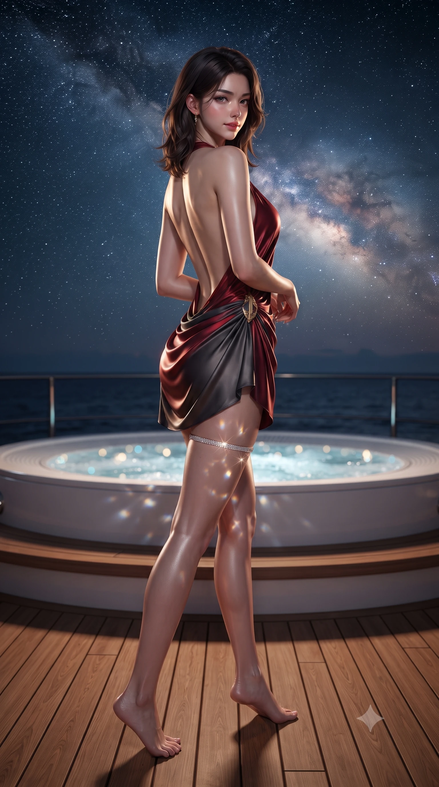score_9, masterpiece, best quality, ultra-detailed, high-budget anime keyframe, editorial fashion photography, tasteful artistic composition, Korean woman. low angle full-body shot from head to toe showing her feet, filling the entire 9:16 vertical frame with her statuesque presence, stretching her vertical silhouette. walking along the terrace with poise, looking back over her bare shoulder with an irresistible smoldering bedroom-gaze while standing poised on the teak skydeck beside the elevated circular hot tub, arching her back with breathless freedom under the open cosmos. The background shows a soft-focus the dense glowing ribbon of the Milky Way, open dark Caribbean ocean horizon, and bubbling spa water blurred into diamond, indigo, and gold bokeh. She has an absolutely perfect, statuesque 8.5-heads proportion, an exceptionally tall and slender model-like female figure with impossibly long slender legs, an ultra-slim waist, a flat toned midriff, narrow delicate ribcage, and beautifully sculpted feminine hips creating a graceful, slim hourglass silhouette without any bulky heaviness. sharp v-shaped jawline, high-bridge nose, sparkling eyes with hypnotic seductive depth, thick curled eyelashes, glossy parted lips with a natural dewy peach sheen, alluring bedroom-eyes with an enchanting coquettish smile, exuding magnetic siren charisma and sophisticated glamour, flawlessly proportioned anatomical accuracy, strict slender model proportions, natural body alignment, perfectly sculpted long slender limbs, ultra-slim waistline, clean dynamic posture without body distortion. wearing a draped Greek-goddess style silk chiffon mini toga dress with an open back and golden hip fibula in rich cherry lacquer and smoky charcoal, crafted from fluid liquid silk satin that clings smoothly to every curve with a dewy sheen, finished with delicate crystal-encrusted thigh garter straps glinting in the dim light, the second-skin tailored fabric adhering flawlessly to her sculpted flat midriff and slender torso, emphasizing her long leg lines and perfectly proportioned willowy build. illuminated by hot tub water caustic bounce and sharp platinum rim lights sculpting her jawline, flat midriff, and voluptuous hip curves. ultra-reflective glossy finish, specular highlights, rich textural contrasts, high-contrast stereoscopic depth, volumetric dynamic lighting, 2k, ultra detail, master piece, 9:16 ratio