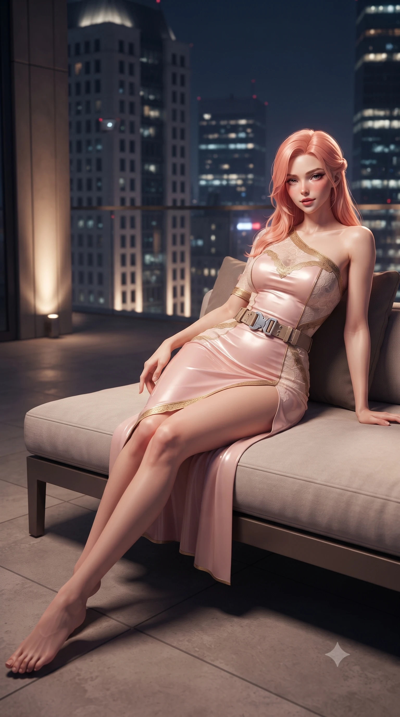 score_9, masterpiece, best quality, ultra-detailed, high-budget anime keyframe, editorial fashion photography, tasteful artistic composition, Japanese woman. low angle full-body shot from head to toe showing her feet, filling the entire 9:16 vertical frame with her statuesque presence, stretching her vertical silhouette. reclining gracefully across the plush chaise lounge with one leg extended, her sculpted silhouette and flat midriff radiating magnetic nocturnal glamour while perched sideways on the stone balcony parapet high above the financial district, her flat midriff and long slender legs commanding the night. The background shows a soft-focus laser security sensor housings softened in luxury high-rise shallow focus. She has an absolutely perfect, statuesque 8.5-heads proportion, an exceptionally tall and slender model-like female figure with impossibly long slender legs, an ultra-slim waist, a flat toned midriff, narrow delicate ribcage, and beautifully sculpted feminine hips creating a graceful, slim hourglass silhouette without any bulky heaviness. sharp v-shaped jawline, high-bridge nose, sparkling eyes with hypnotic seductive depth, thick curled eyelashes, glossy parted lips with a natural dewy peach sheen, alluring bedroom-eyes with an enchanting coquettish smile, exuding magnetic siren charisma and sophisticated glamour, flawlessly proportioned anatomical accuracy, strict slender model proportions, natural body alignment, perfectly sculpted long slender limbs, ultra-slim waistline, clean dynamic posture without body distortion. wearing an asymmetric one-shoulder tactical compression mini dress with a dramatic hip-high slit and utility harness belt in blush ballerina pink and warm ivory lace with antique gold trims, crafted from second-skin technical compression fabric with moisture-wicking stretch, accented with a quick-release tactical chrome buckle harness resting snugly across her hips, the high-slit wrap tailoring accentuating her ultra-slim waistline and the enchanting curve of her feminine hips with alluring seductive charm. bathed in warm architectural uplighting from the luxury penthouse terrace mixed with cool city night ambient fill. ultra-reflective glossy finish, specular highlights, rich textural contrasts, high-contrast stereoscopic depth, volumetric dynamic lighting, 2k, ultra detail, master piece, 9:16 ratio